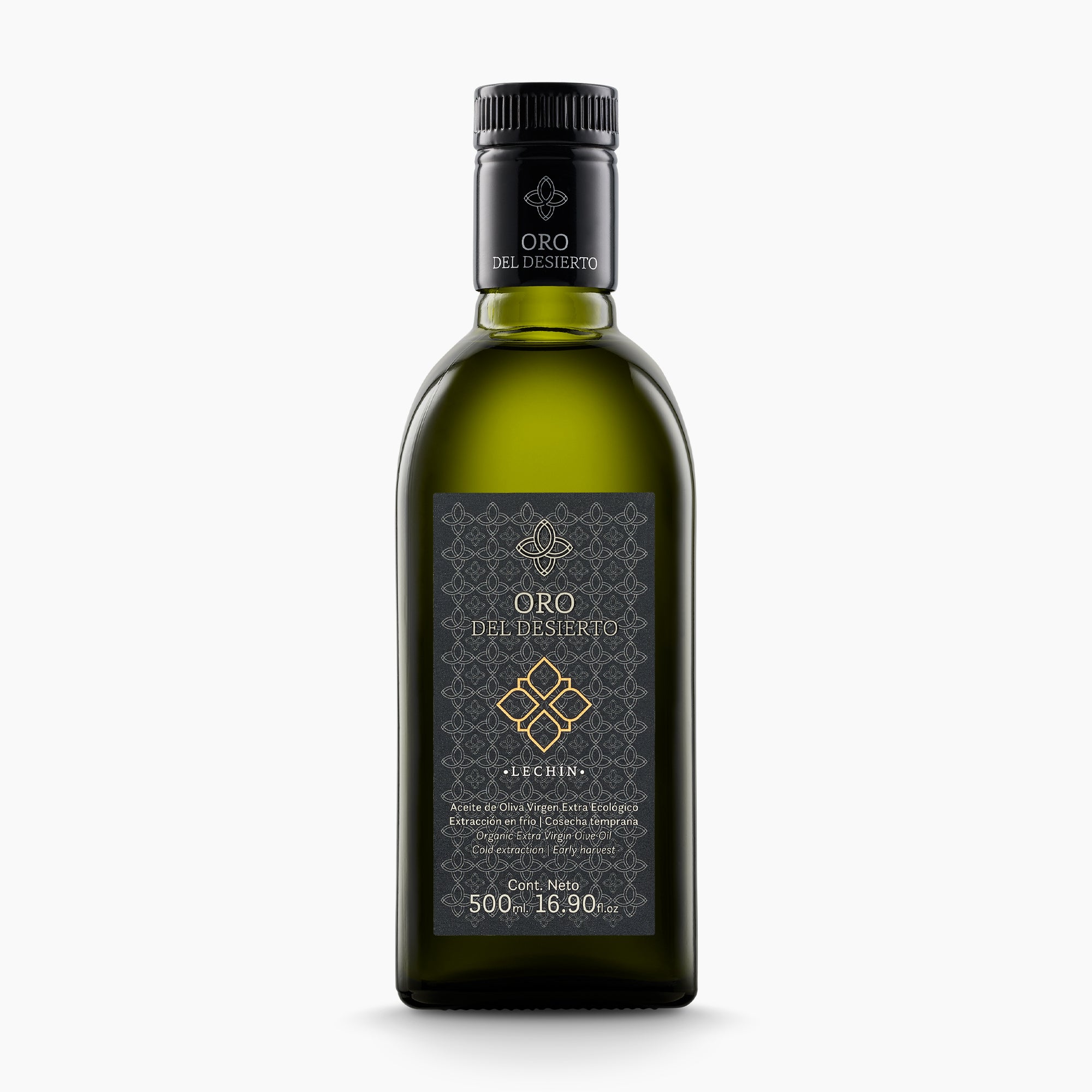 A 500 ml bottle of Oro del Desierto Organic Lechin extra virgin olive oil.