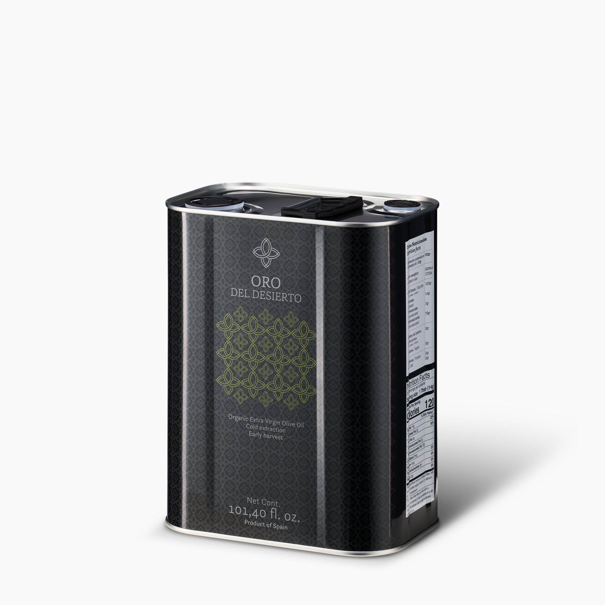 Angled view of Oro del Desierto Organic extra virgin olive oil 3L tin.