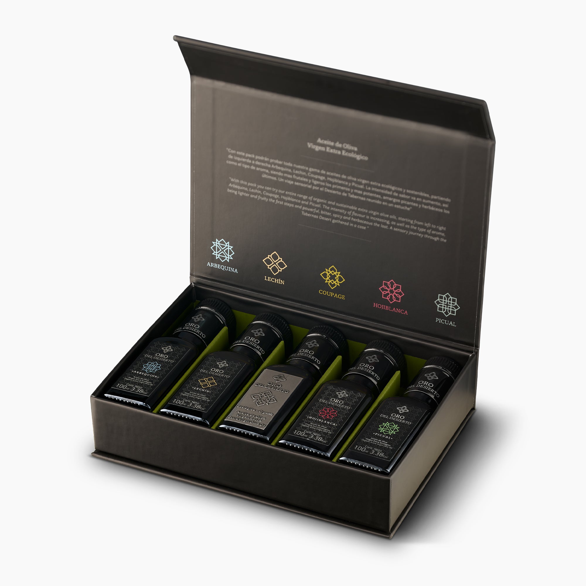 Open Oro del Desierto Organic Deluxe Gift Set with five 100 ml Spanish extra virgin olive oils.