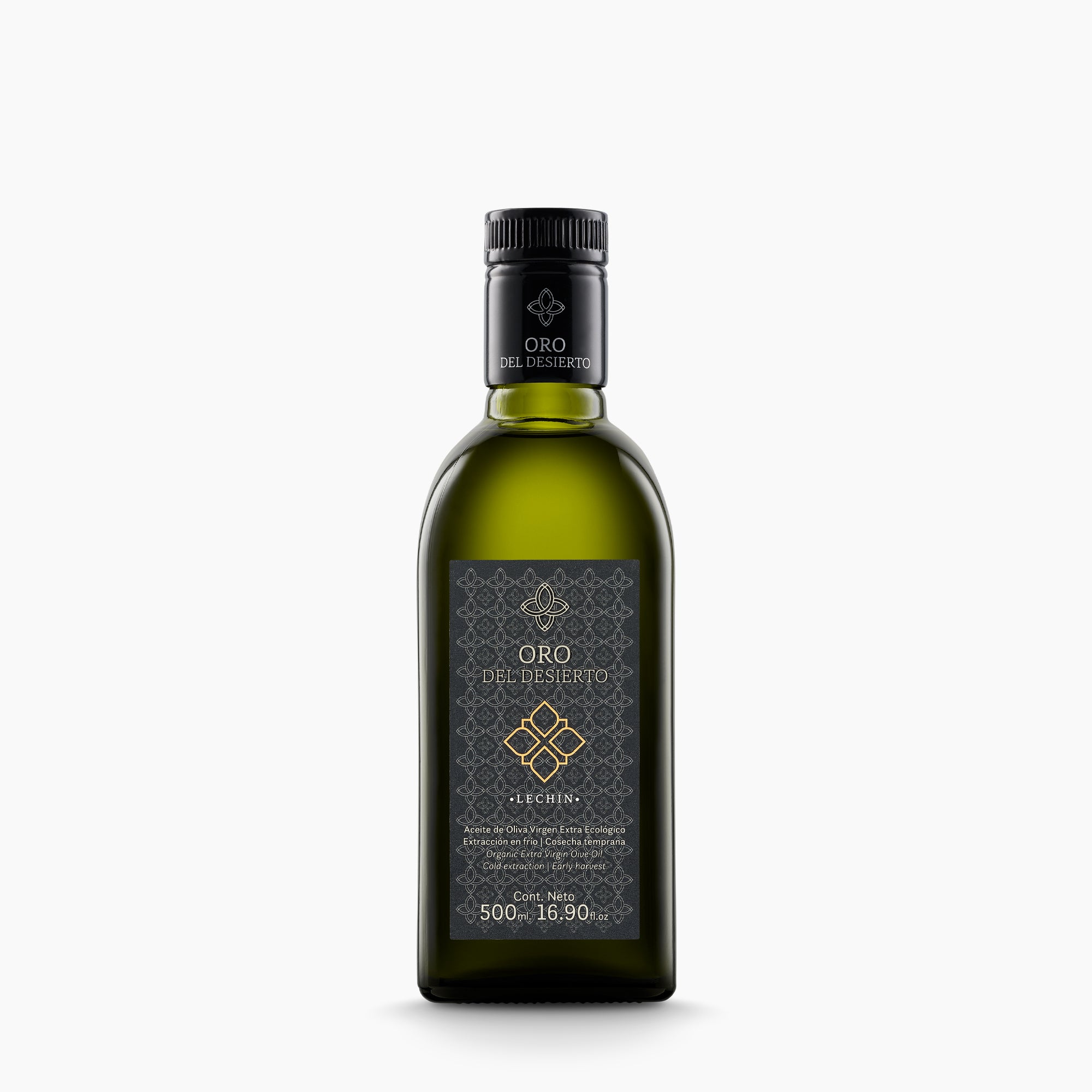 A 500 ml bottle of Oro del Desierto Organic Lechin extra virgin olive oil.
