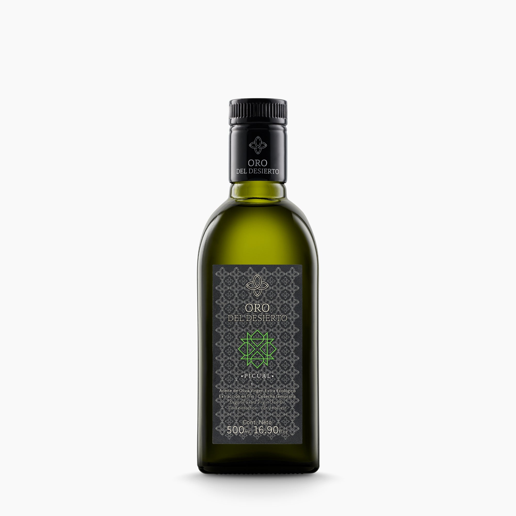 Oro del Desierto Picual organic extra virgin olive oil bottle, 500 ml, from Andalusia, Spain.
