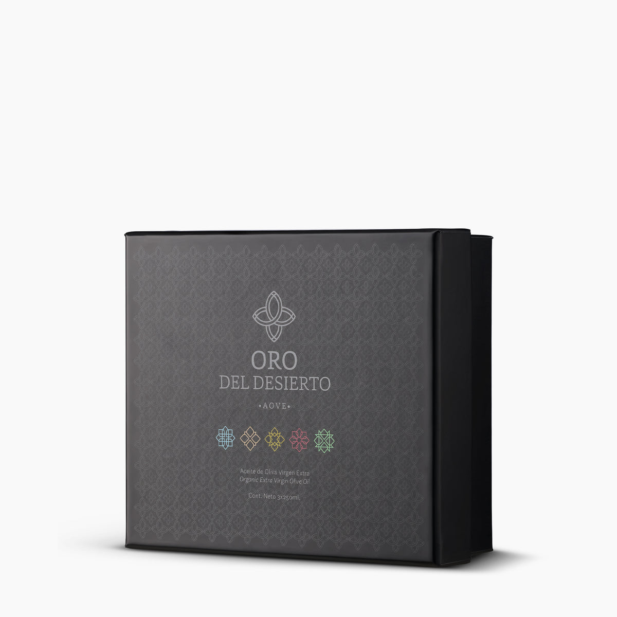 Elegant Oro del Desierto gift box for three 250 ml Organic Monocultivar extra virgin olive oils.