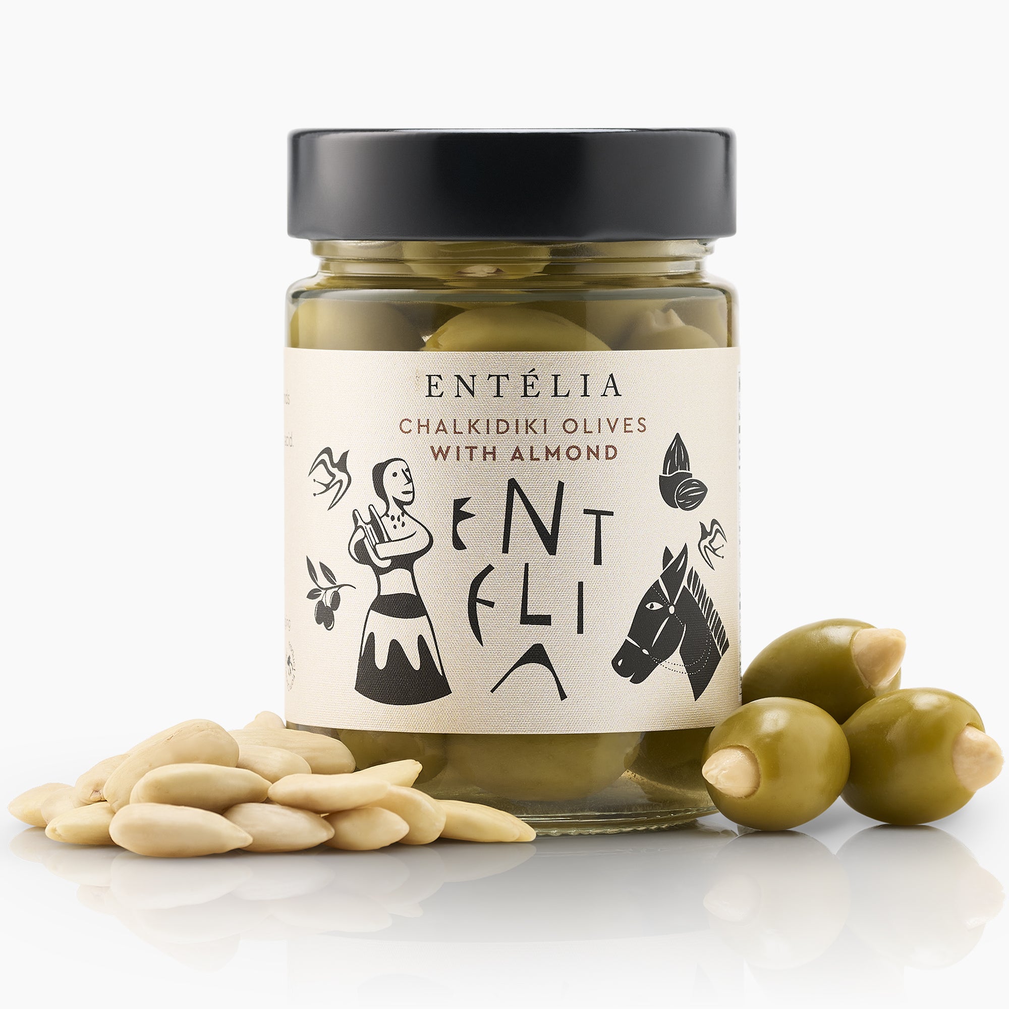 Entelia Chalkidiki Olives with Almonds 360g jar surrounded by almonds and stuffed green olives.