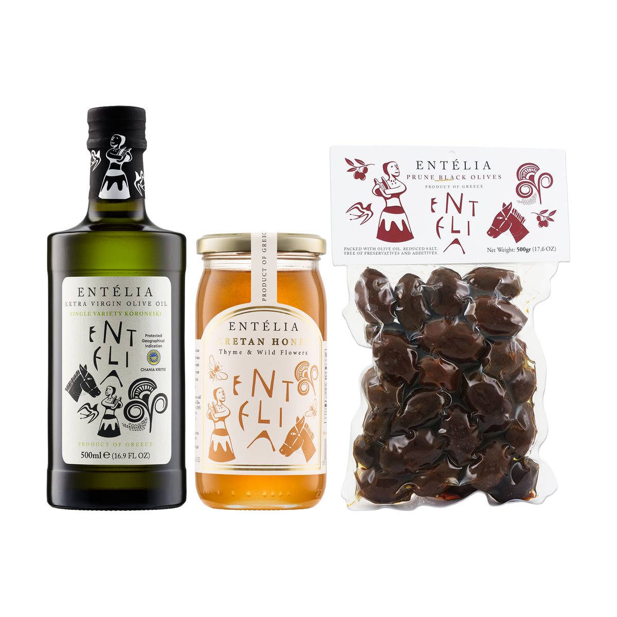 Entelia Kitchen Pack set with extra virgin olive oil, Cretan Honey, and Prune Black Olives.