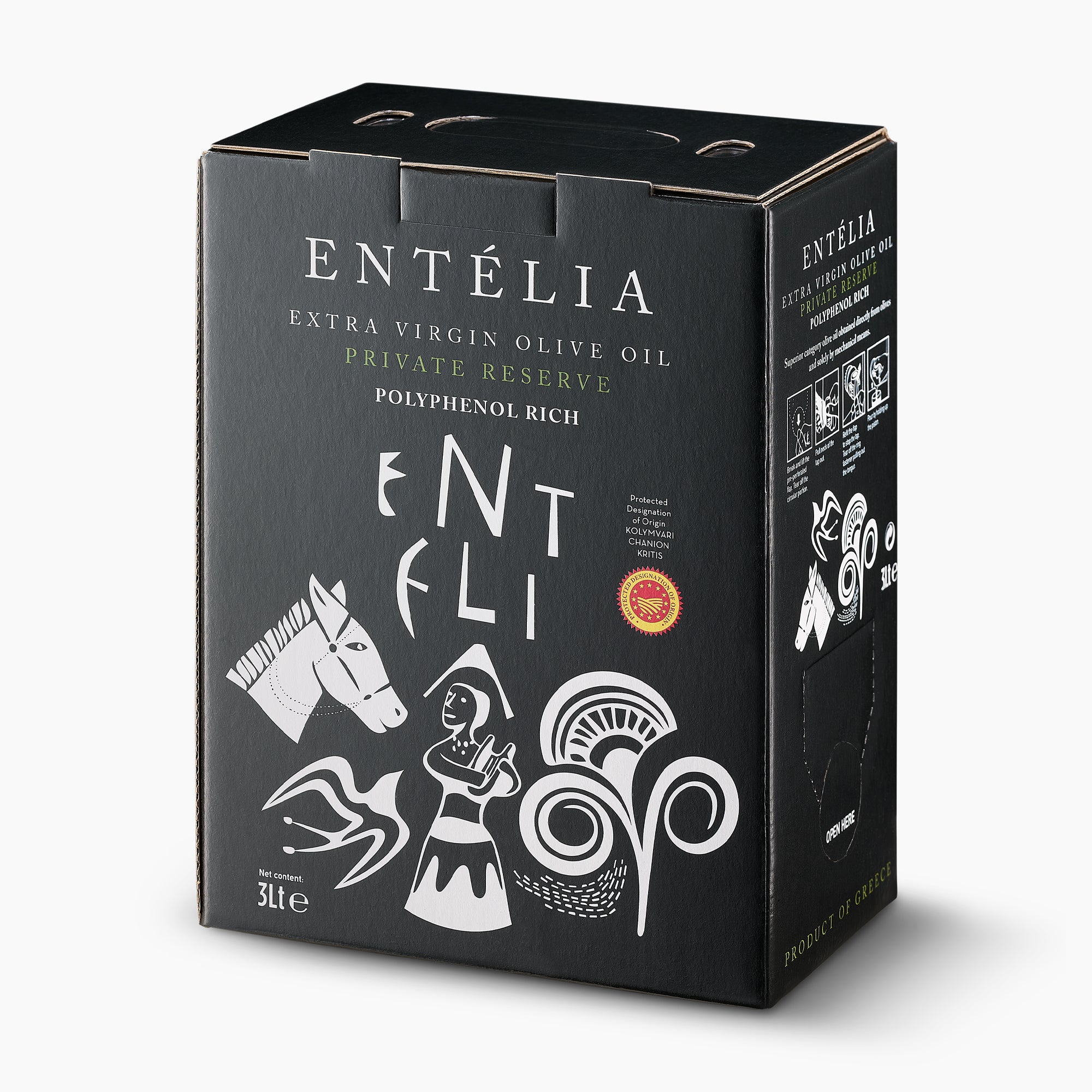 Angled view of Entelia Private Reserve PDO Kolymvari 3L bag-in-box from Crete, Greece.