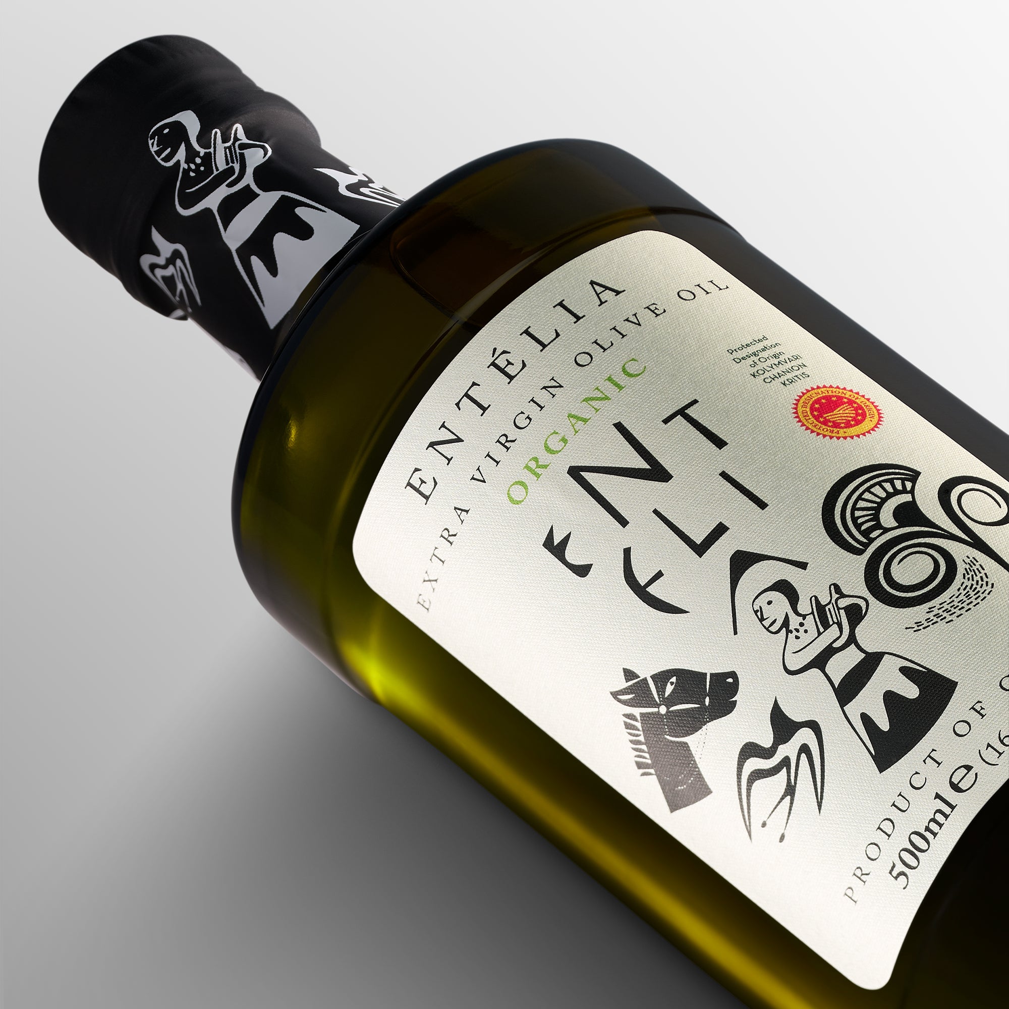 Close-up of a 500 ml Entelia Organic olive oil bottle from Crete, Greece.
