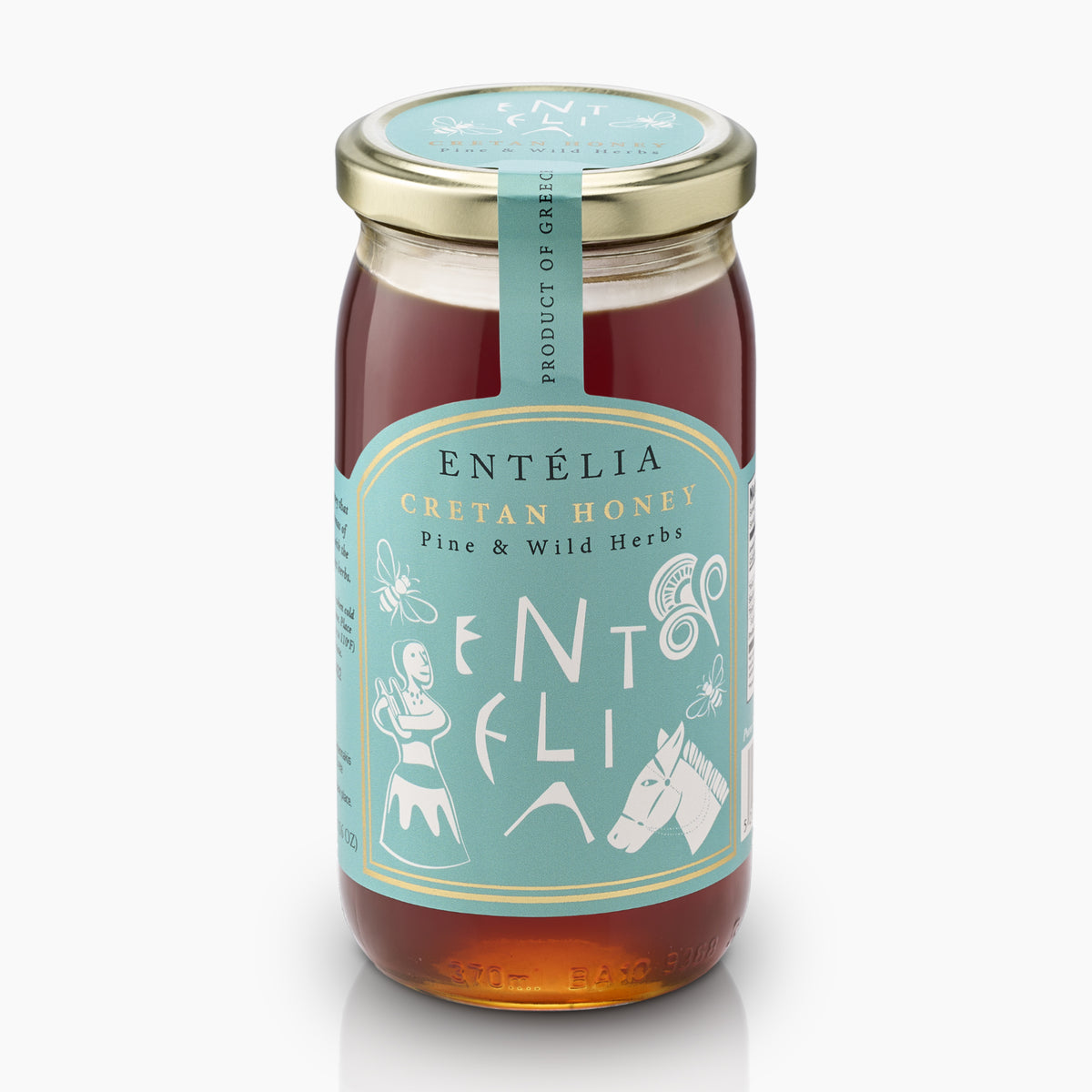 Angled view of 450g jar of Entelia Pine & Wild Herbs Cretan Honey from Greece.