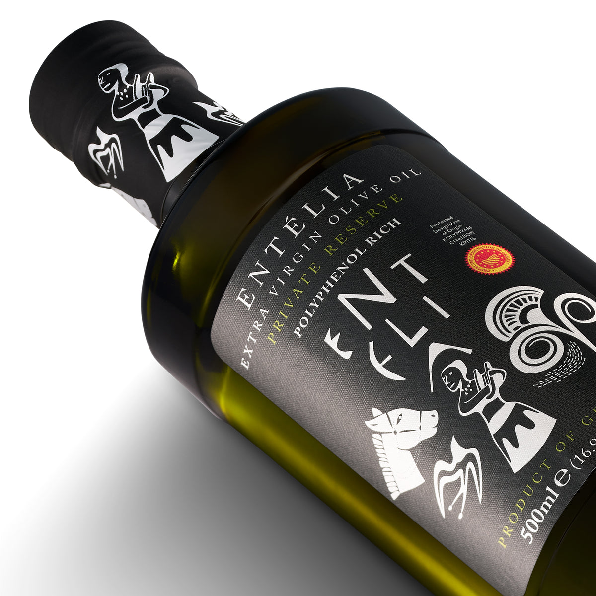 Close-up of 500ml Entelia Private Reserve olive oil bottle.