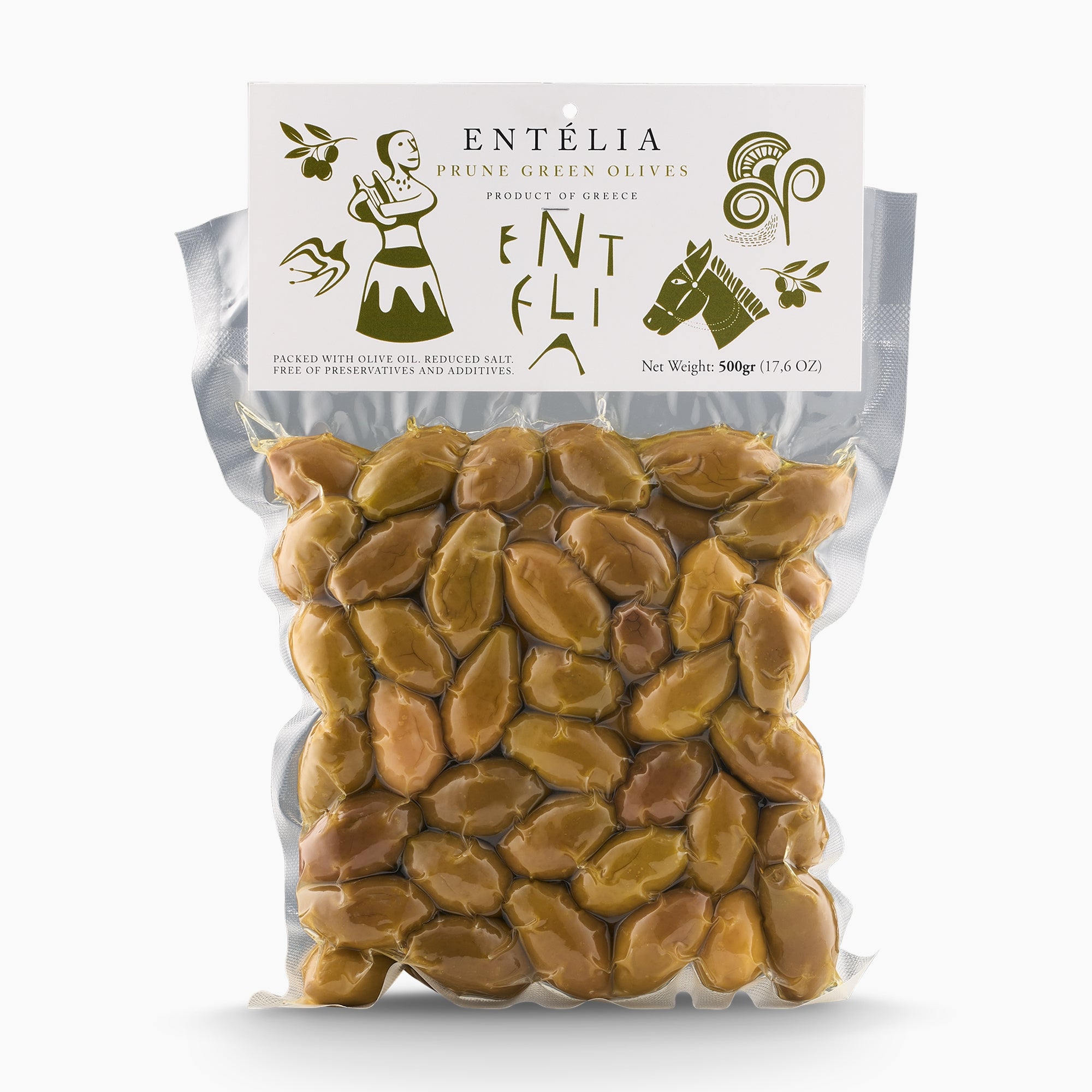500gr vacuum bag of Entelia Prune Green Olives from Greece.
