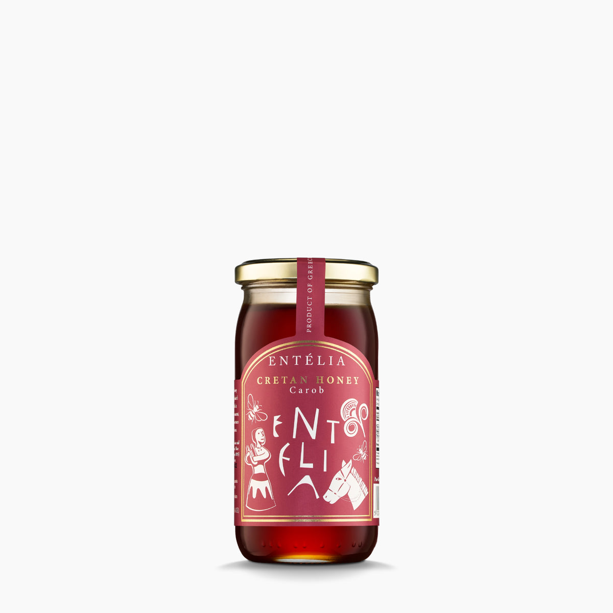 A 450g jar of Entelia Carob Cretan Honey from Greece.