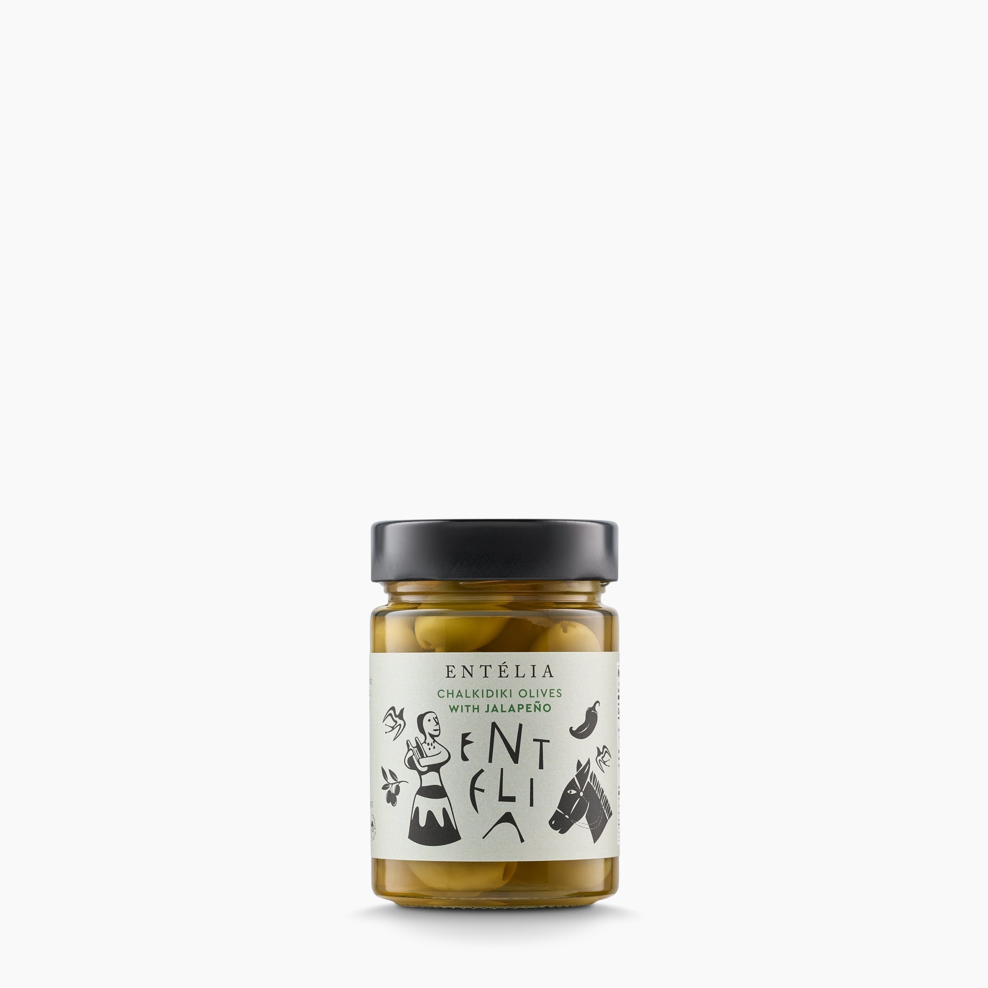 360g jar of Entelia Chalkidiki Olives with Jalapeño from Greece.