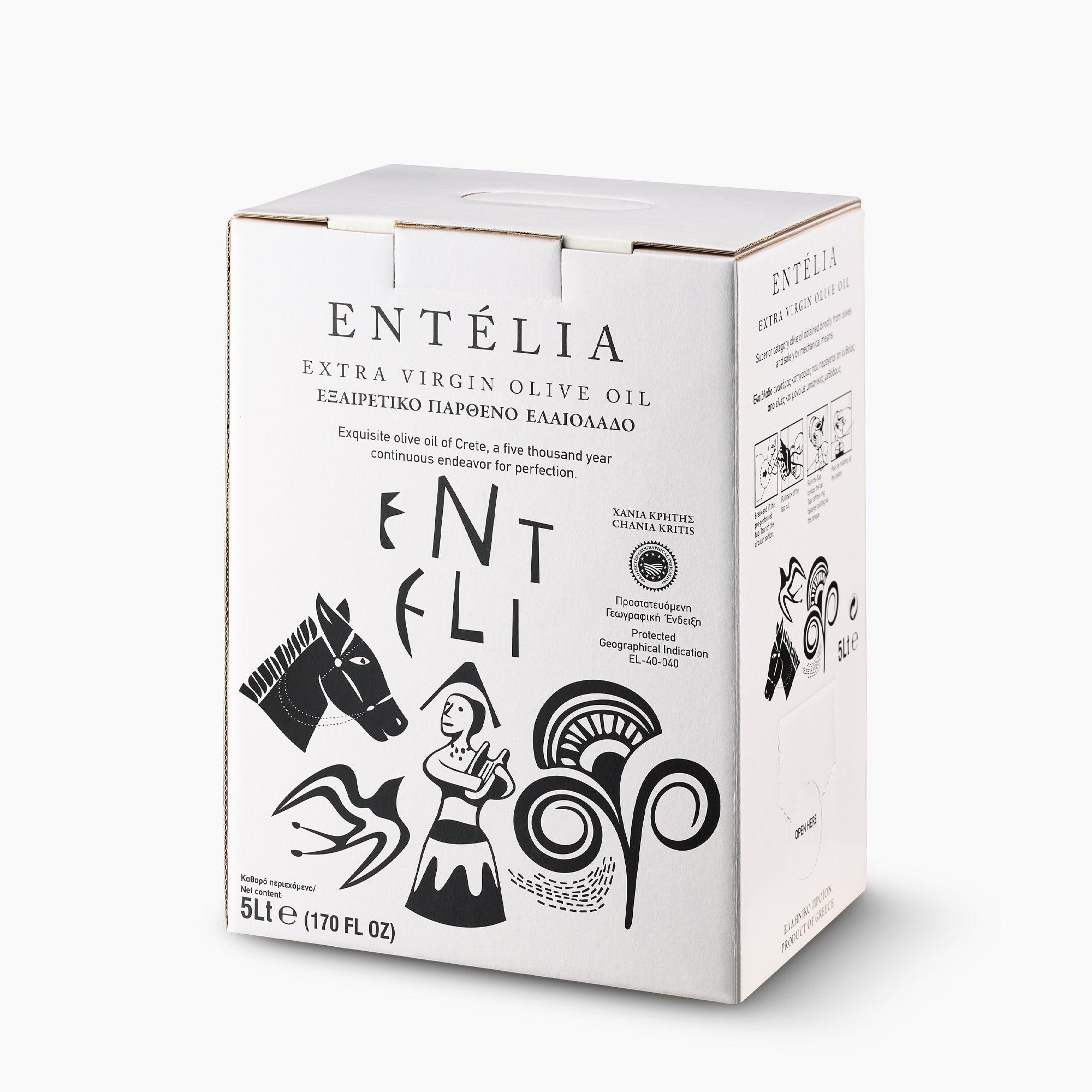 Angled view of Entelia 5L bag-in-box extra virgin olive oil packaging.