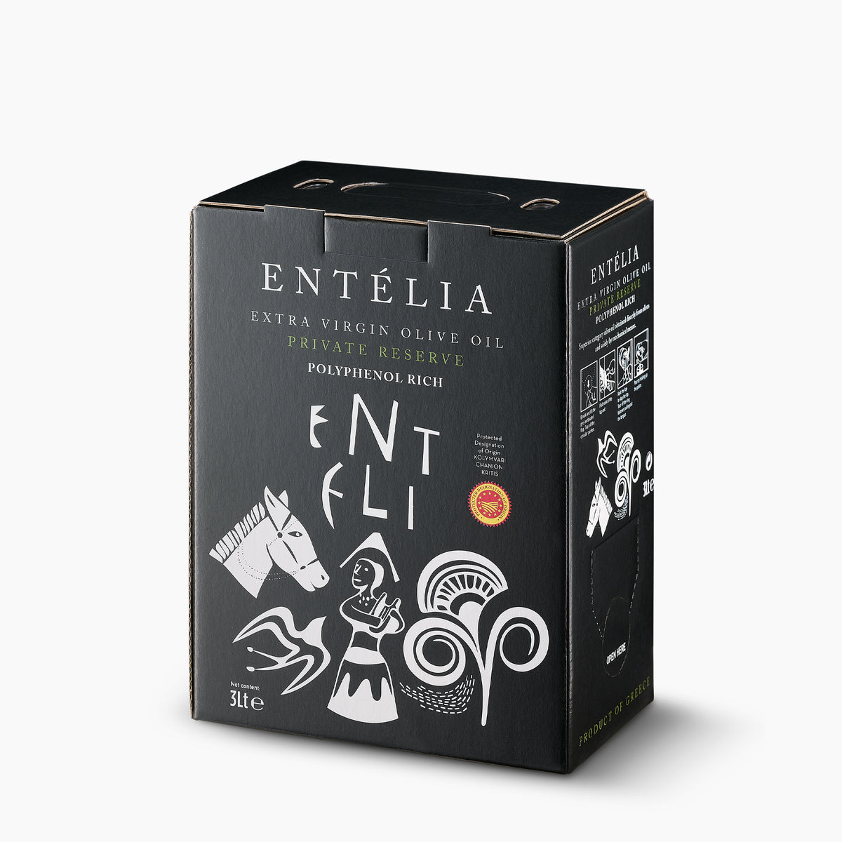 Angled view of Entelia Private Reserve PDO Kolymvari 3L bag-in-box from Crete, Greece.