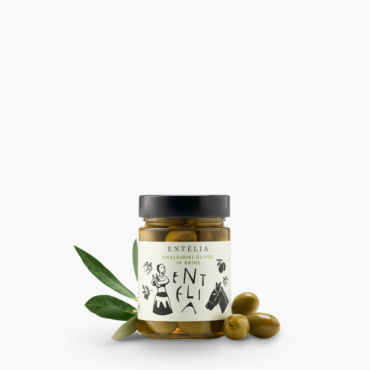 Entelia Chalkidiki Olives in Brine jar, three olives and olive branches.