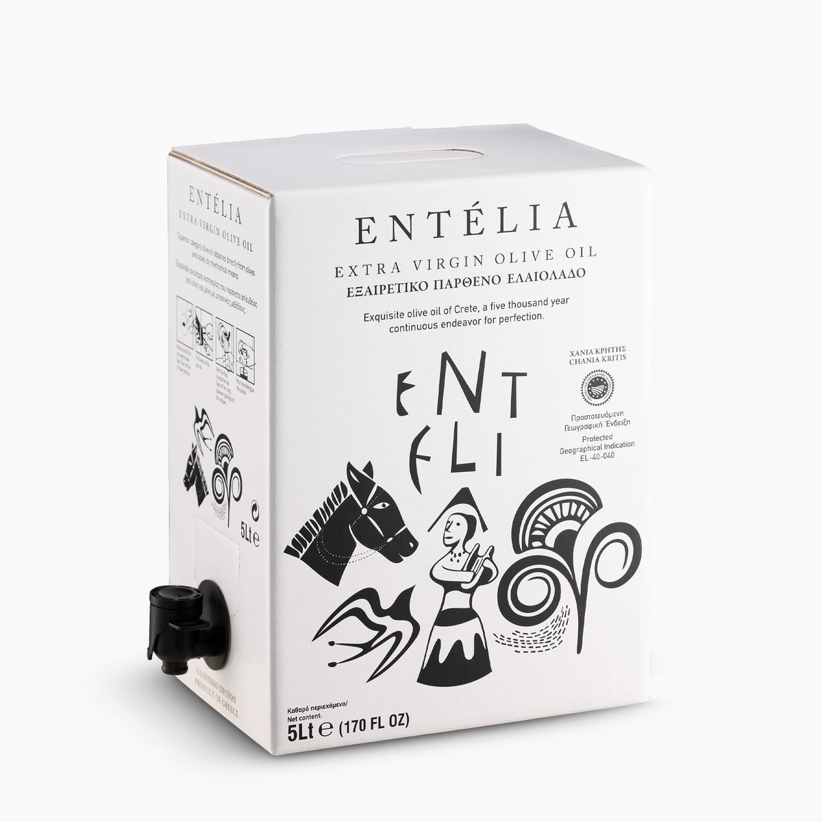 Entelia 5L bag-in-box extra virgin olive oil with a spout.