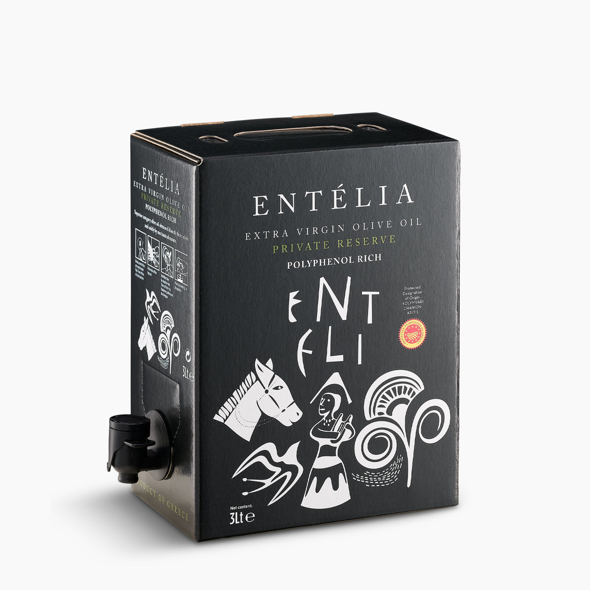 Entelia Private Reserve PDO Kolymvari 3L bag-in-box from Crete with dispensing spout extended.