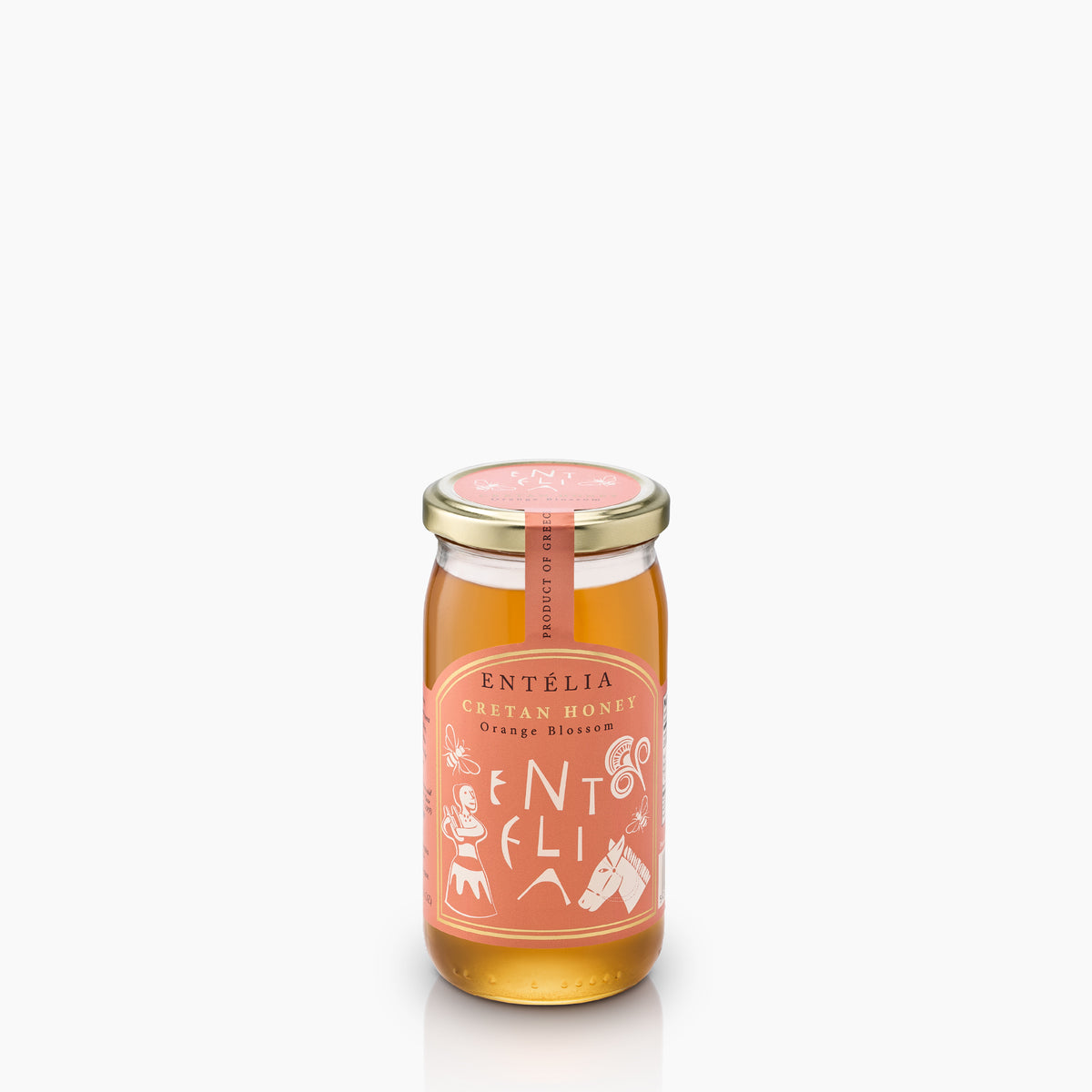 Angled view of 450g jar of Entelia Orange Blossom Cretan Honey from Greece.