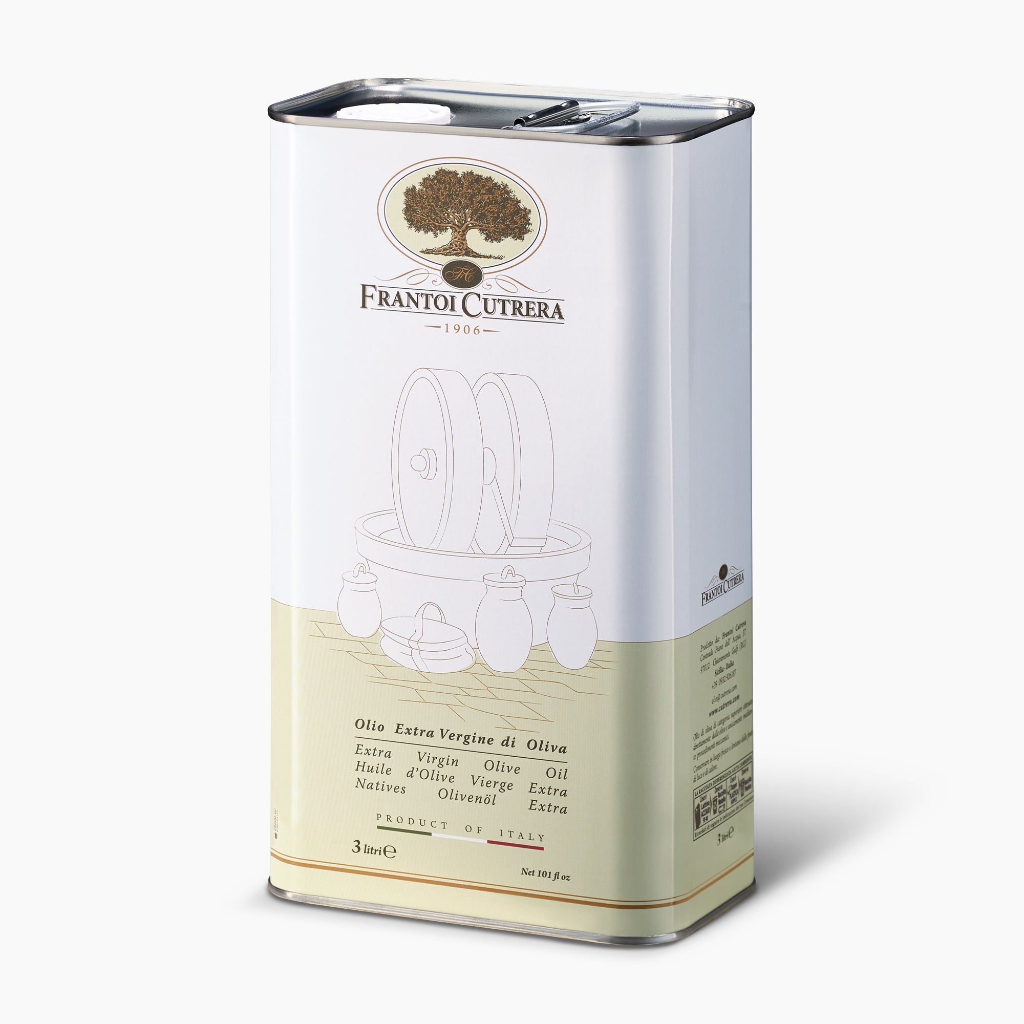 Angled view of Frantoi Cutrera 3L Tin extra virgin olive oil.