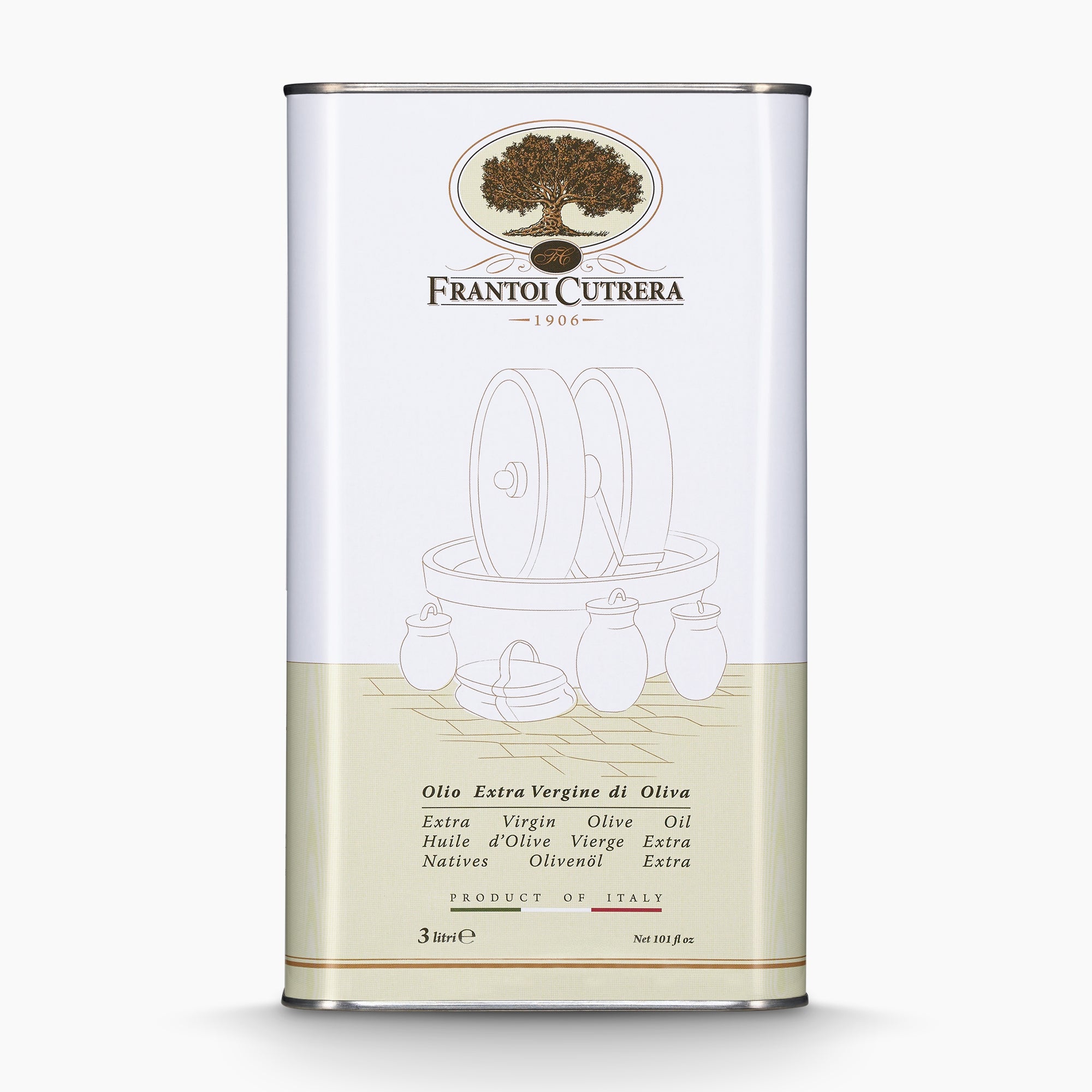 A 3L Tin of Frantoi Cutrera extra virgin olive oil.
