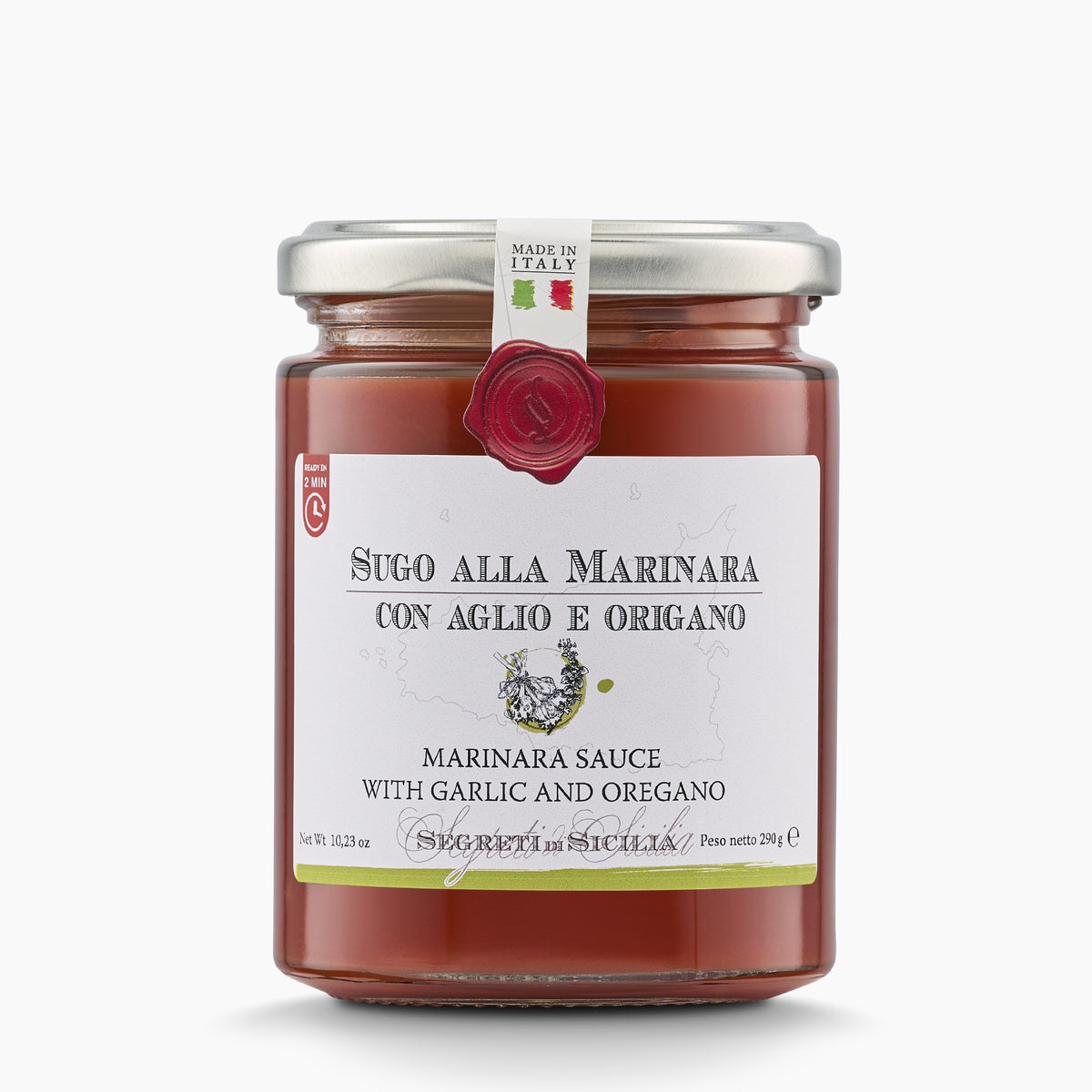 290g jar of Frantoi Cutrera Garlic & Oregano Tomato Sauce from Italy.