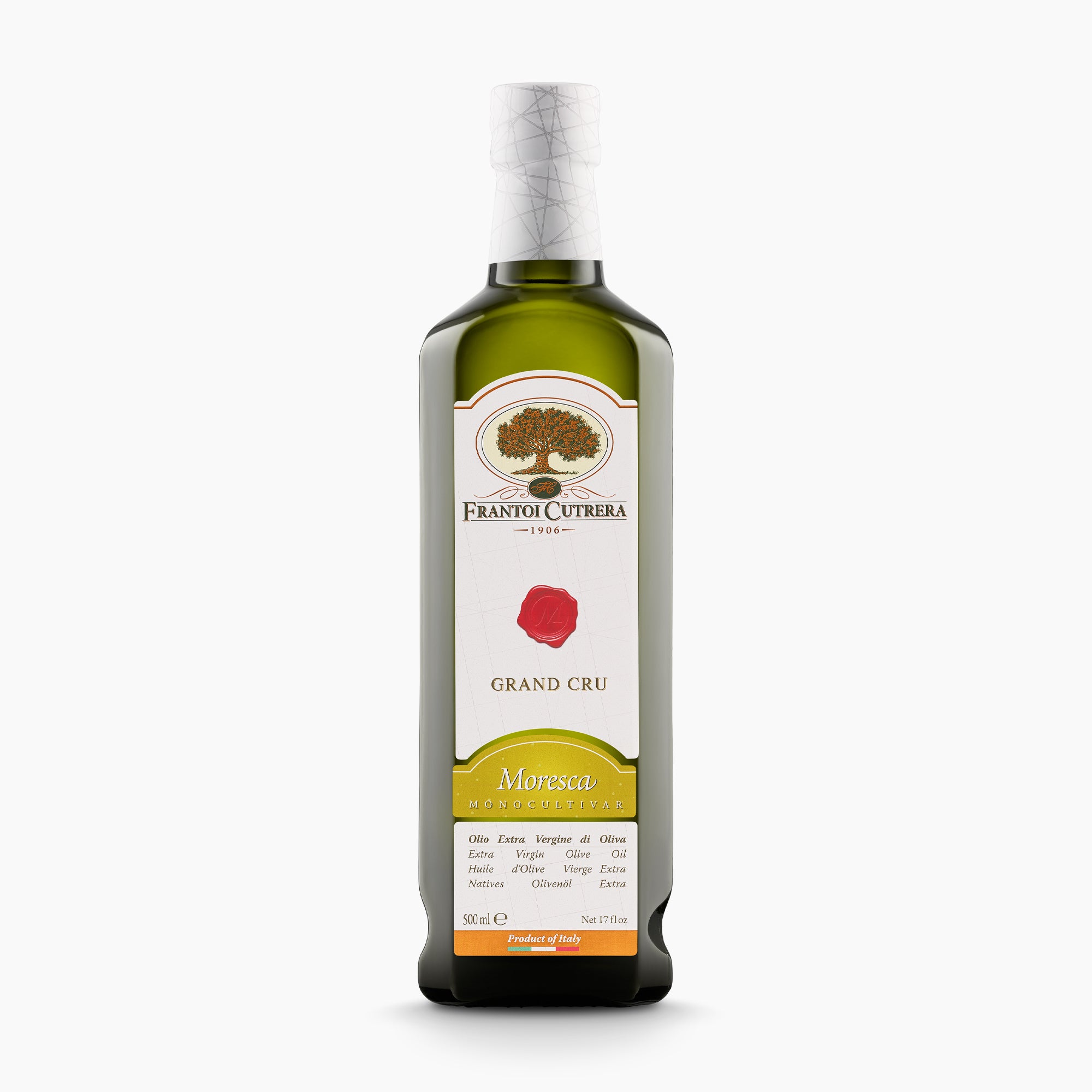 A 500 ml bottle of Frantoi Cutrera Grand Cru Moresca monocultivar extra virgin olive oil.