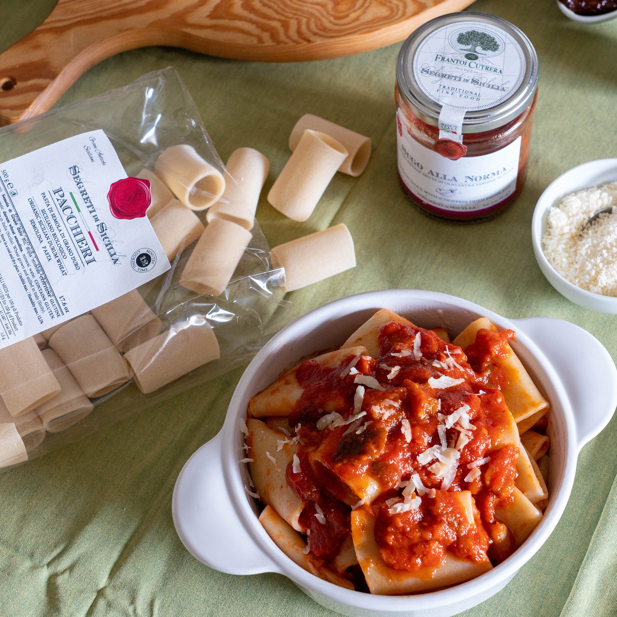 Frantoi Cutrera Organic Paccheri with Frantoio Cutrera tomato sauce, and grated cheese.