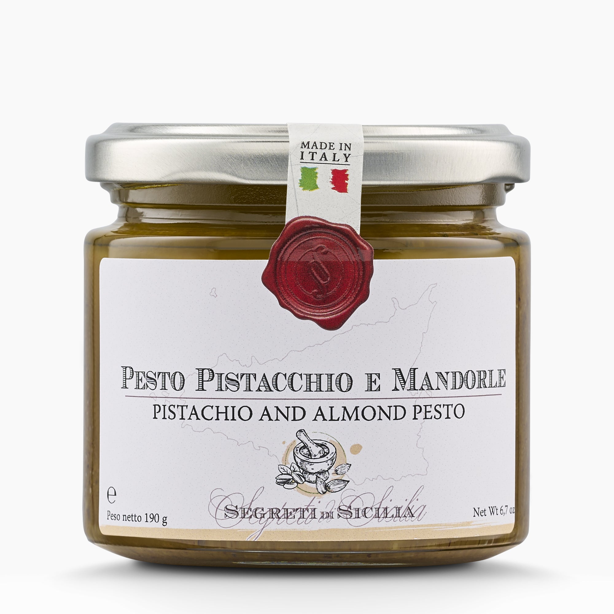 Frantoi Cutrera Pistachio and Almond Pesto in a 190g glass jar.
