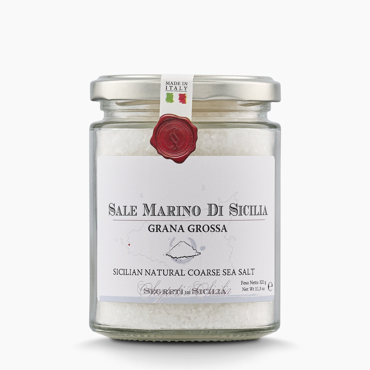 320g glass jar of Frantoi Cutrera Sicilian Natural Coarse Sea Salt from Italy.