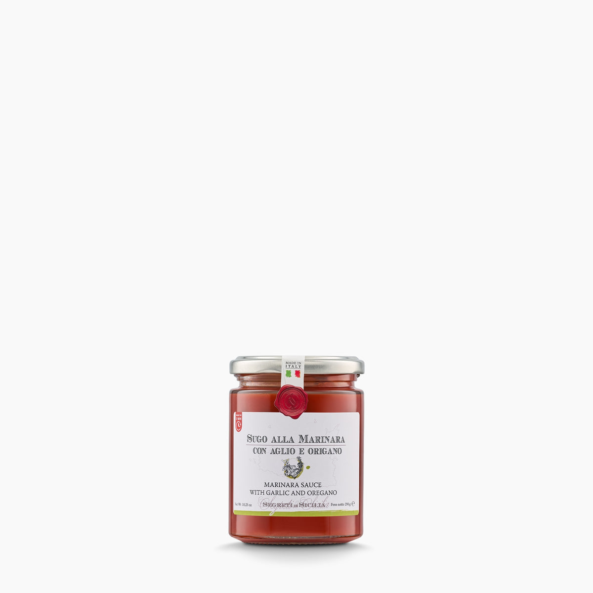 290g jar of Frantoi Cutrera Garlic & Oregano Tomato Sauce from Italy.