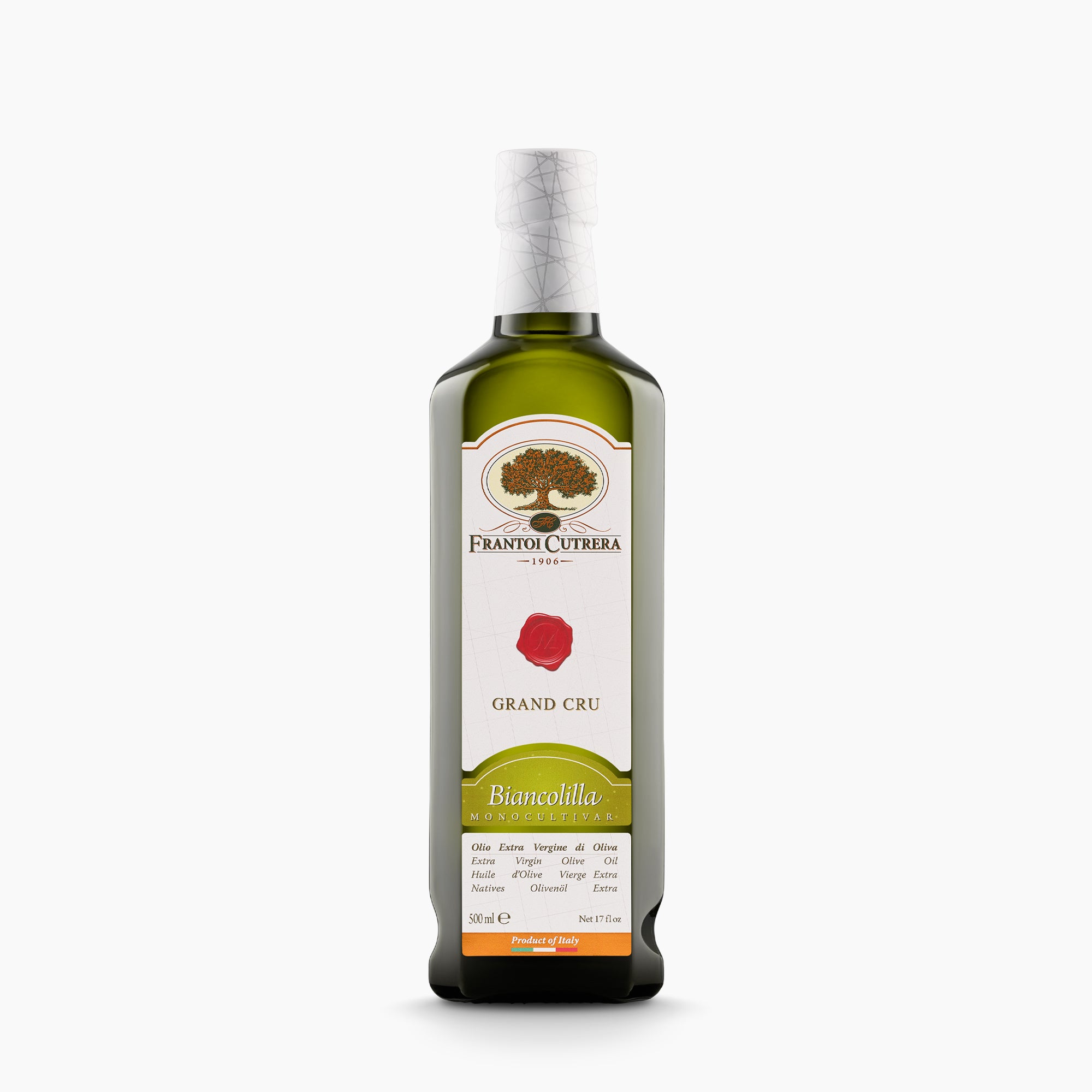 500 ml bottle of Frantoi Cutrera Grand Cru Biancolilla extra virgin olive oil.