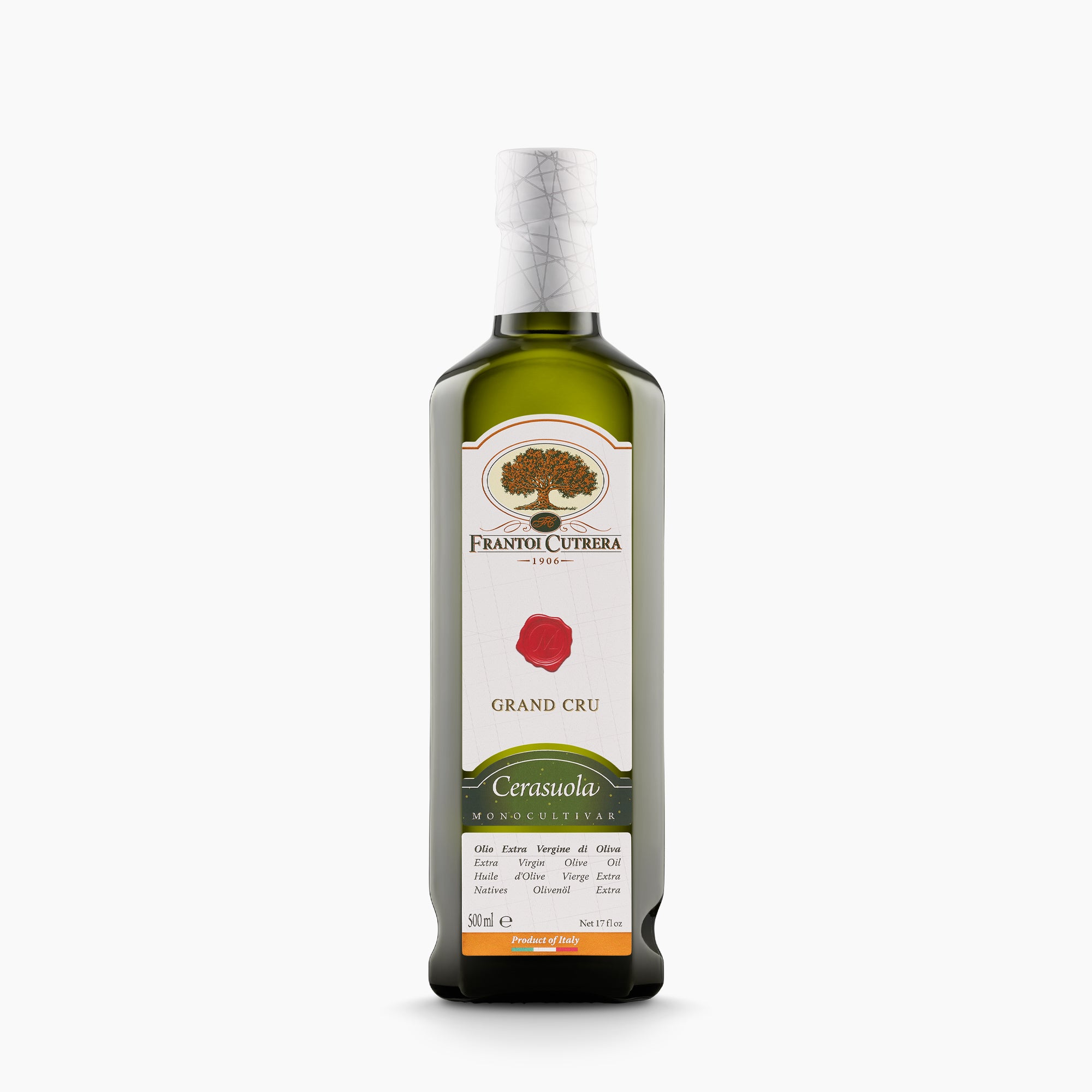 500 ml bottle of Frantoi Cutrera Grand Cru Cerasuola extra virgin olive oil from Sicily, Italy.