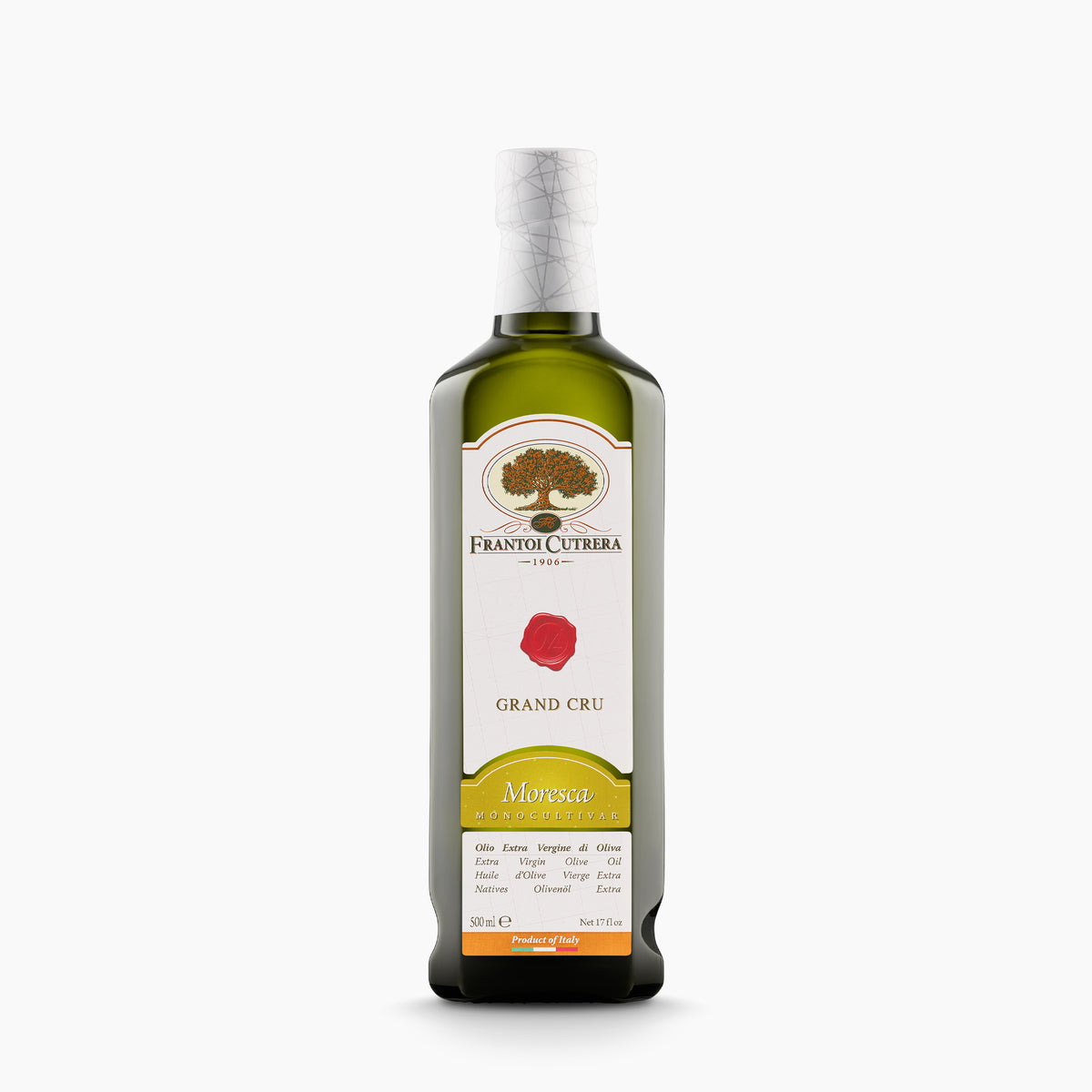 A 500 ml bottle of Frantoi Cutrera Grand Cru Moresca monocultivar extra virgin olive oil.