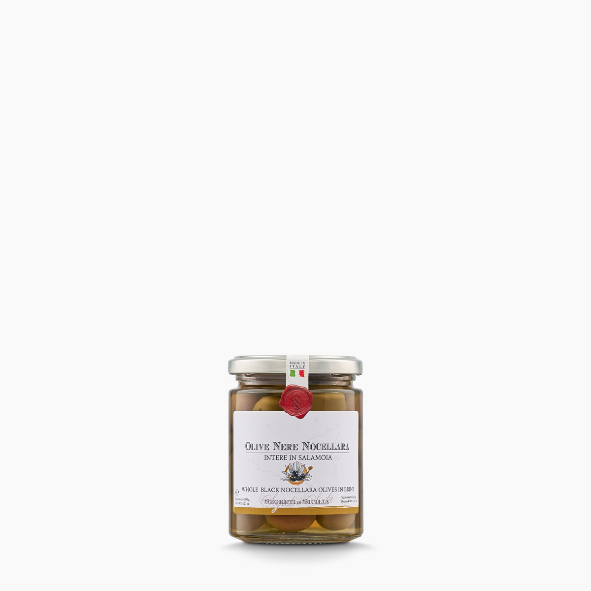 290g jar of Frantoi Cutrera Black Nocellara del Belice Olives in Brine.