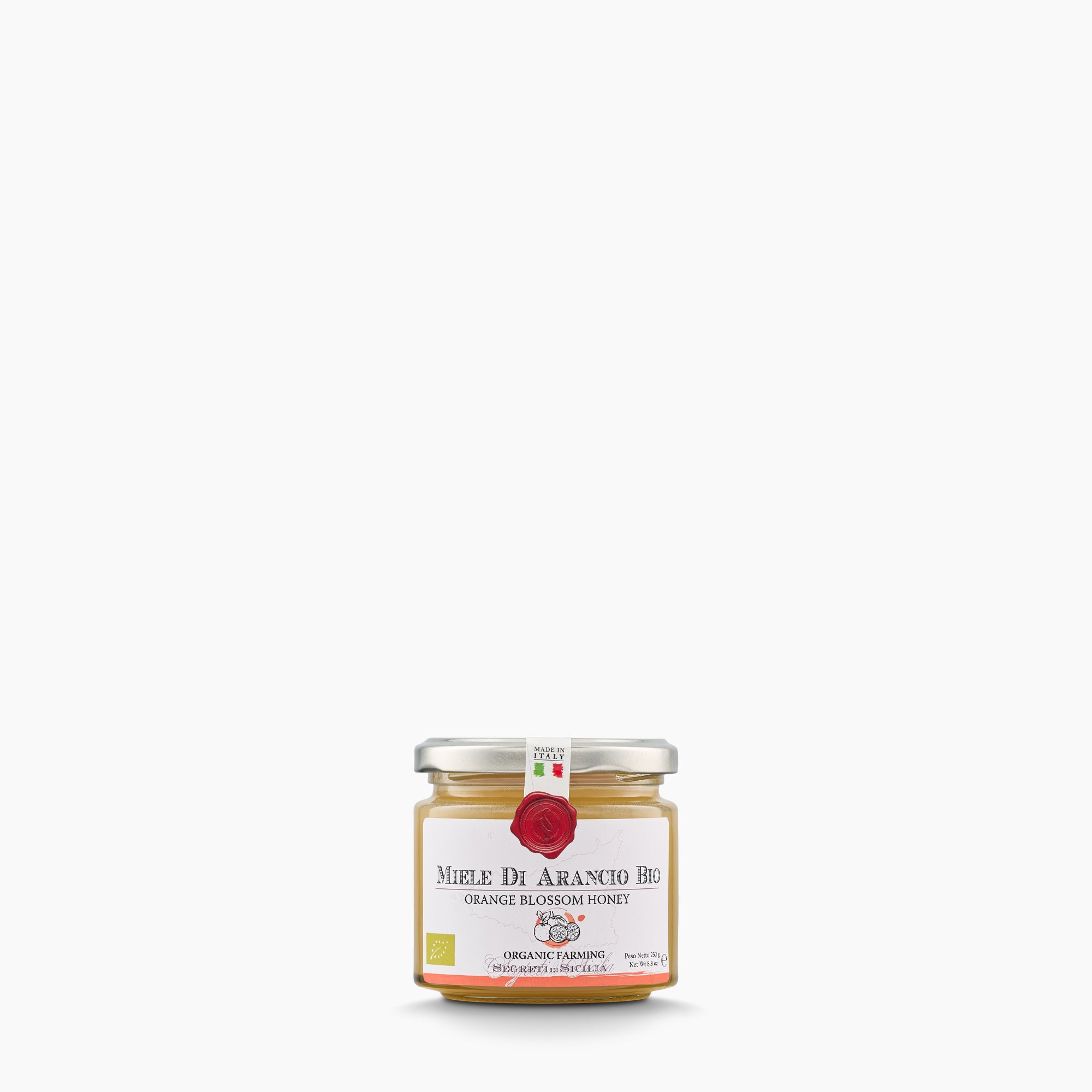 250g jar of Frantoi Cutrera Organic Orange Blossom Honey from Italy.