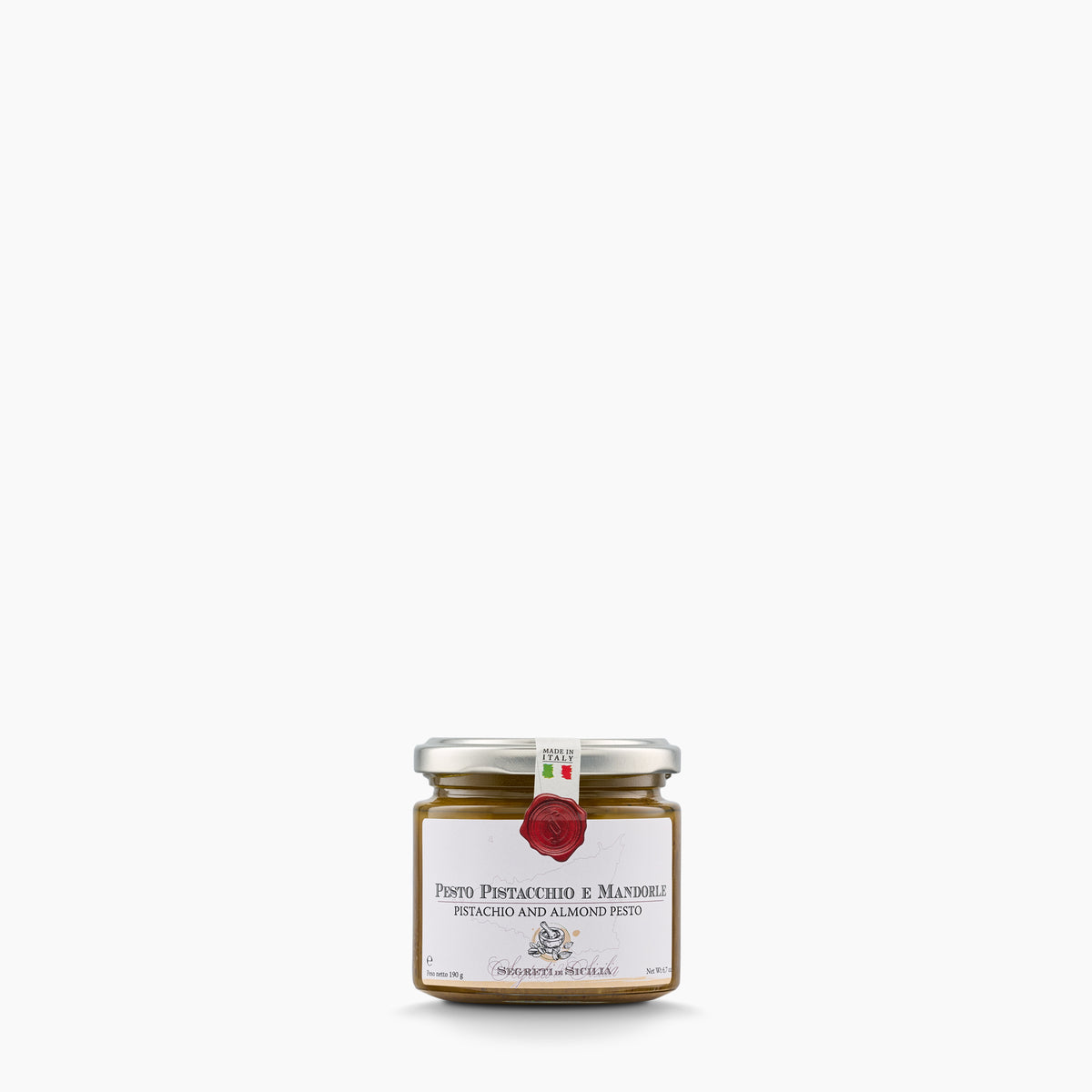 Frantoi Cutrera Pistachio and Almond Pesto in a 190g glass jar.