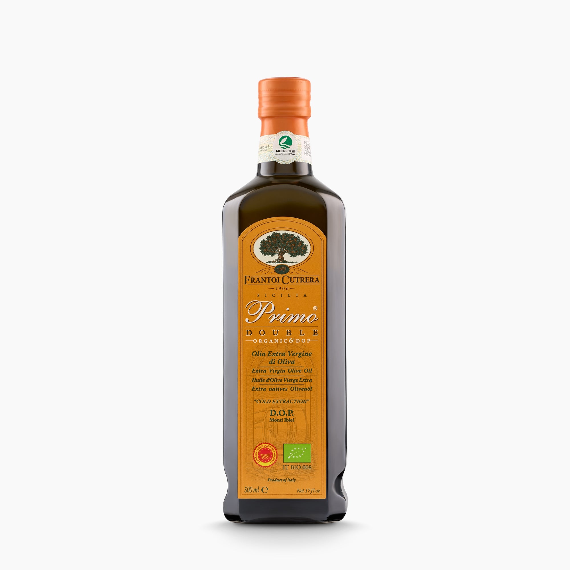 A 500 ml bottle of Frantoi Cutrera Primo Double Organic PDO Monte Iblei, extra virgin olive oil from Sicily.