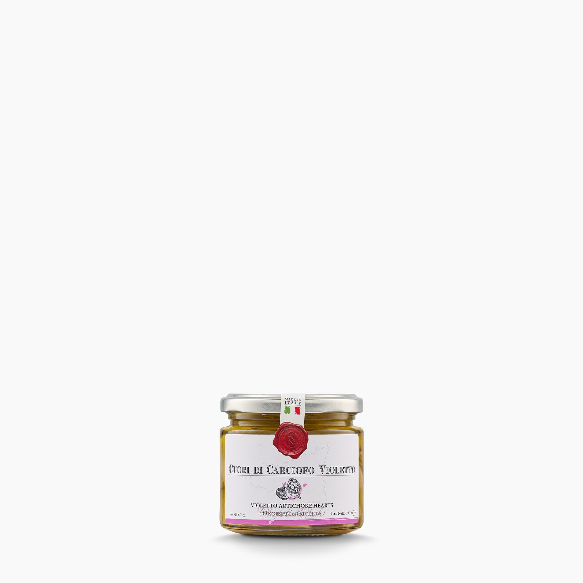 190g jar of Frantoi Cutrera Violetto Artichoke Hearts from Italy.