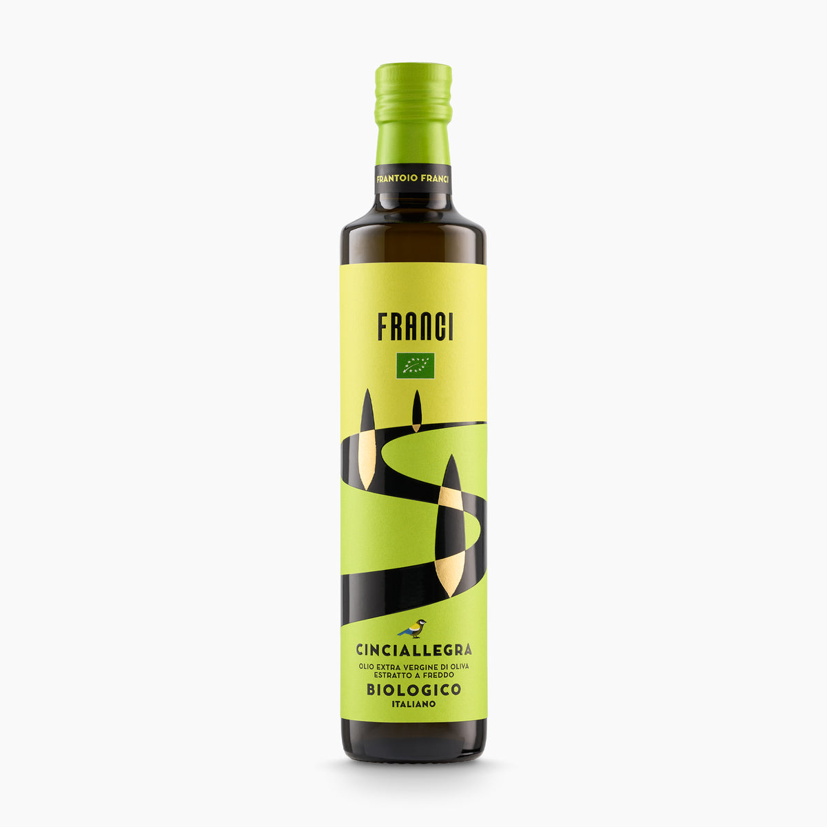 A 500 ml bottle of Franci Bio Organic extra virgin olive oil from Tuscany, Italy.