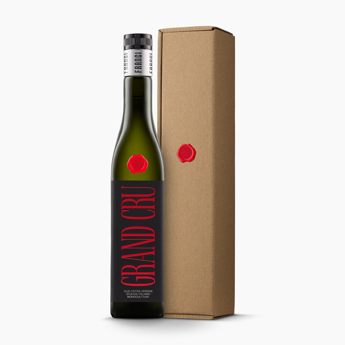A 500 ml bottle of Franci Villa Magra Grand Cru with its gift box.
