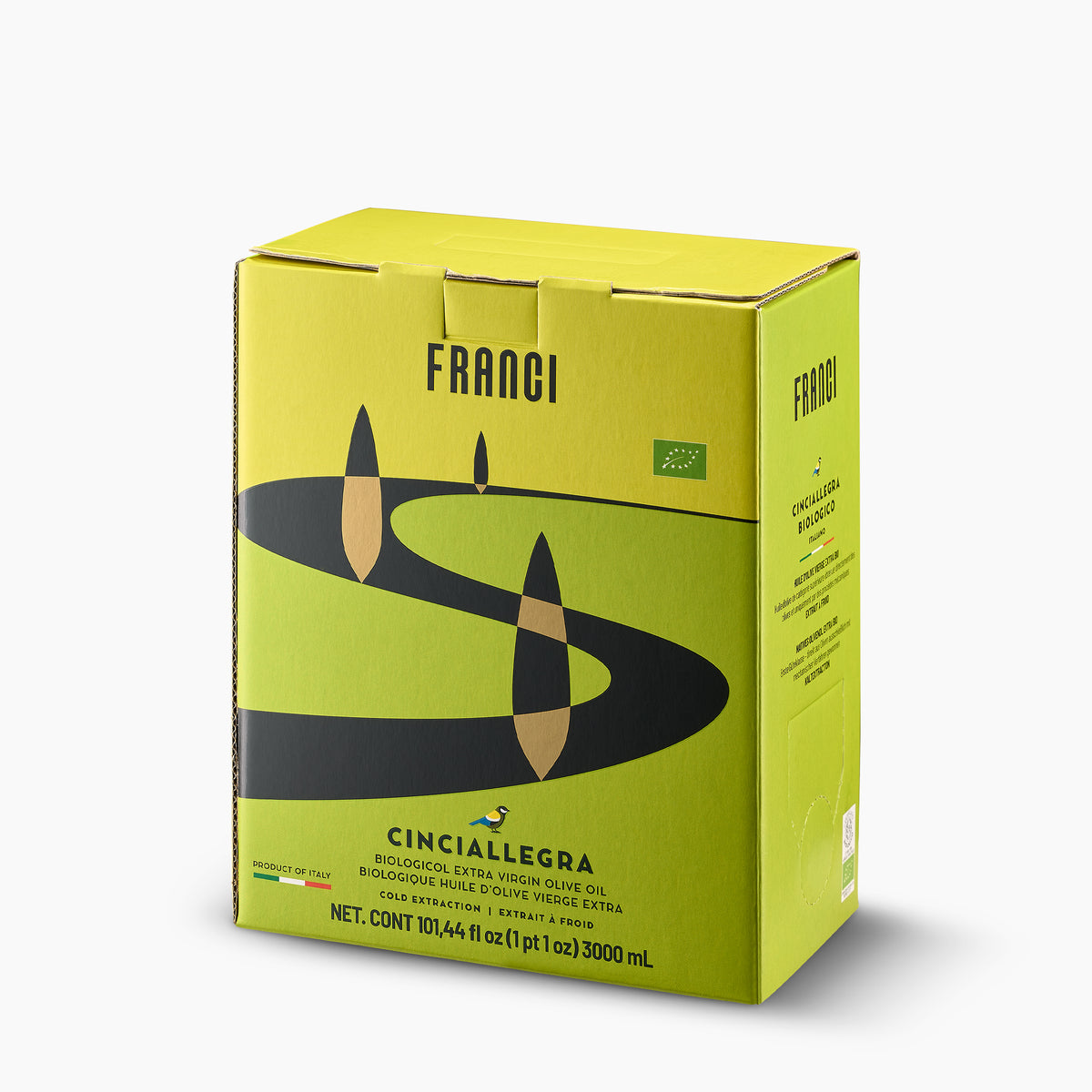 Angled view of Franci Bio Organic 3L Bag-in-Box extra virgin olive oil from Tuscany, Italy.