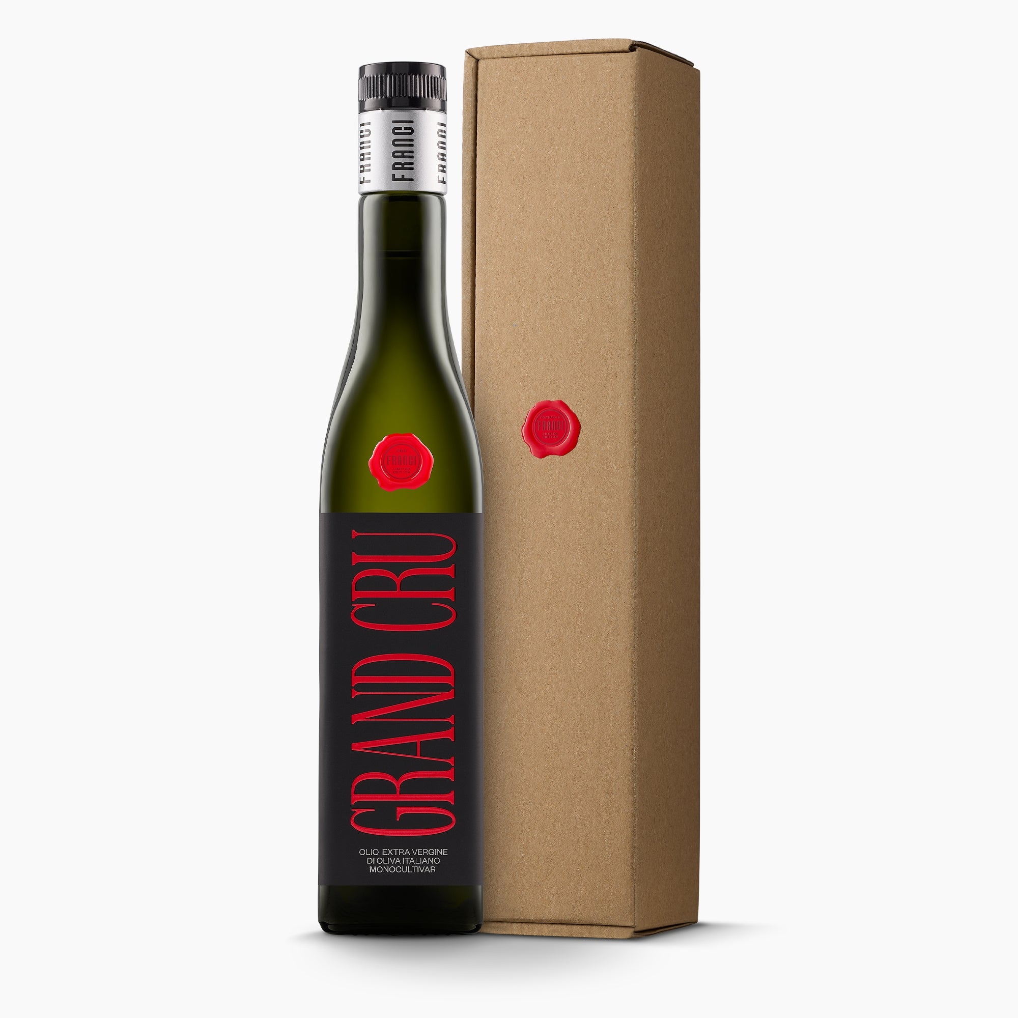 A 500 ml bottle of Franci Villa Magra Grand Cru with its gift box.