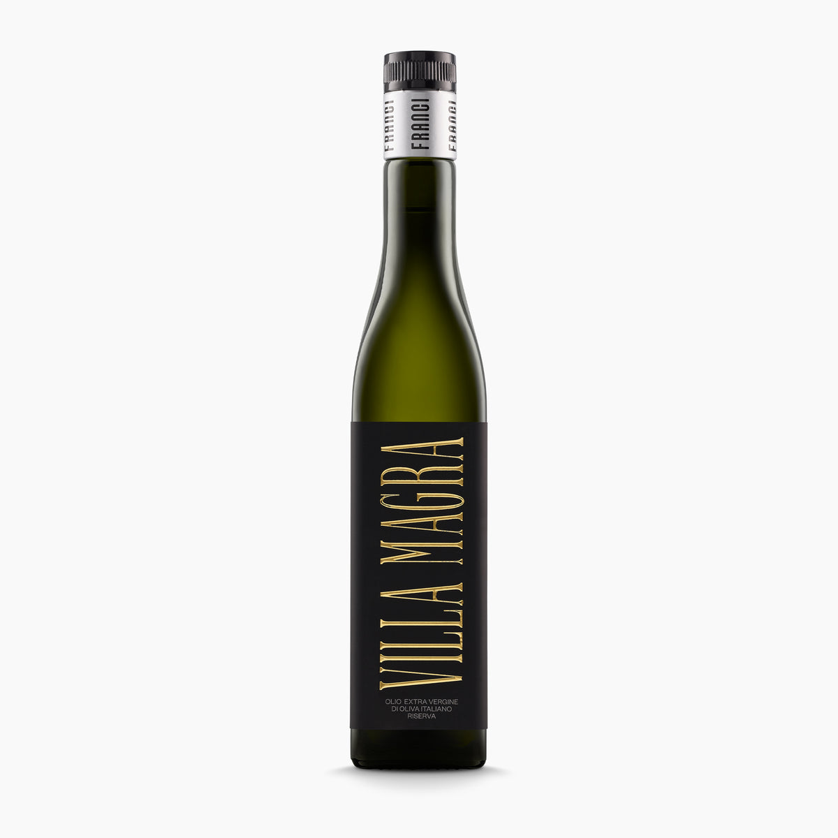 A 500 ml bottle of Franci Villa Magra extra virgin olive oil, from Tuscany, Italy.
