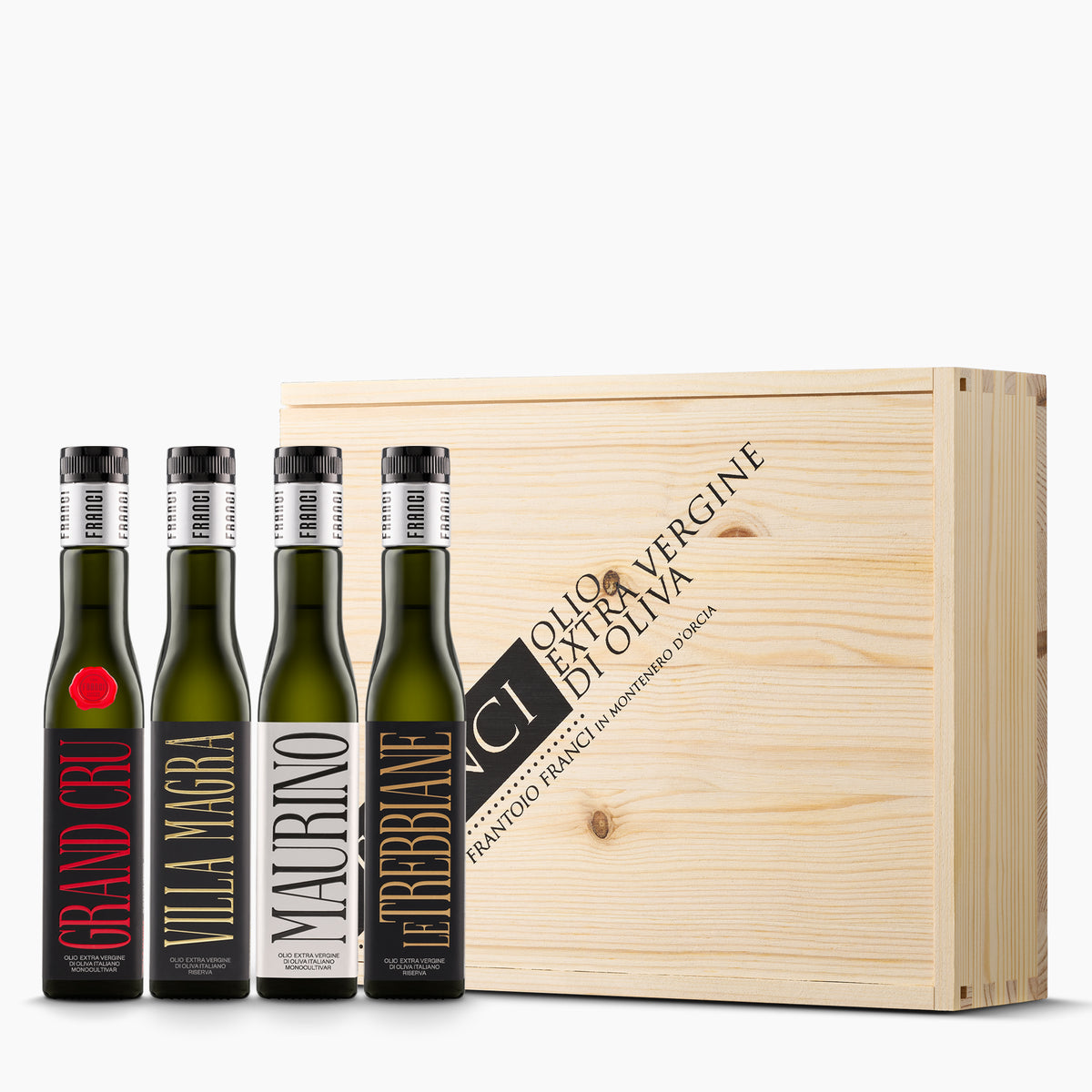 Frantoio Franci set with four 250 ml extra virgin olive oil bottles and an elegant wooden gift box.