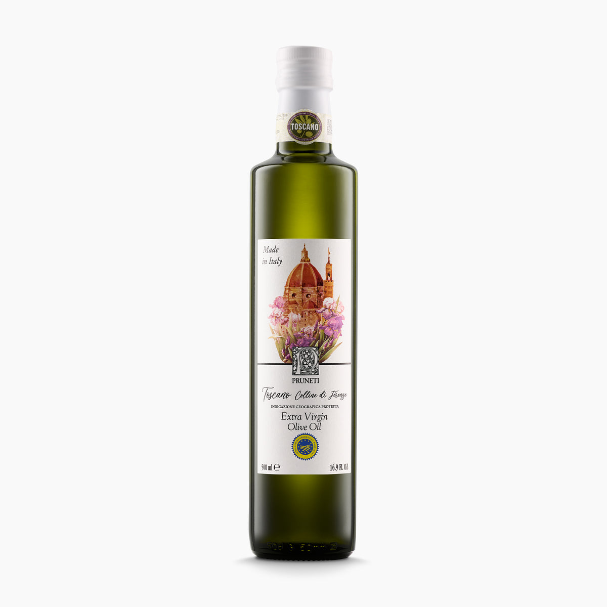 A 500 ml bottle of Pruneti Colline di Firenze IGP Toscano extra virgin olive oil.