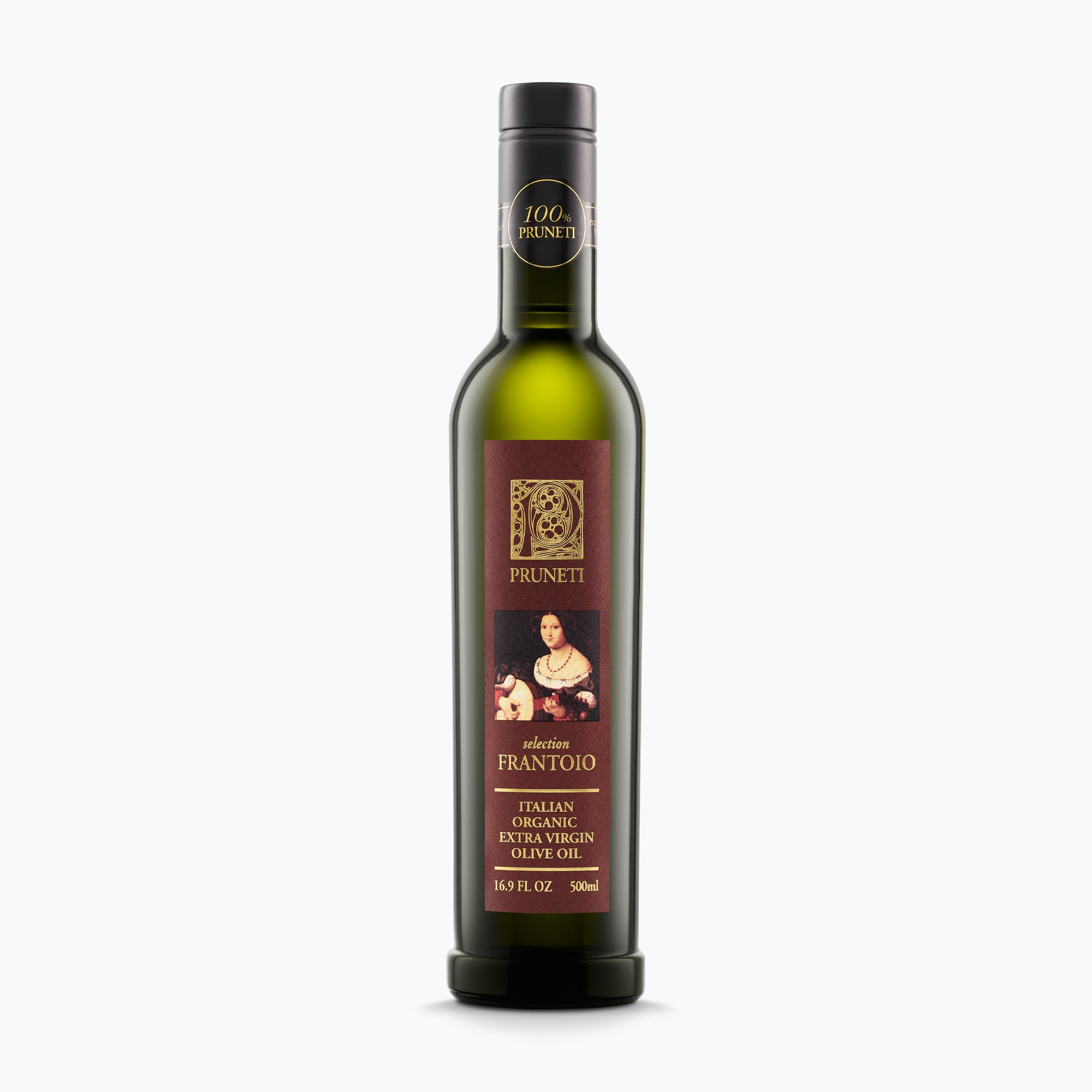 Pruneti Frantoio Biologico 500 ml organic extra virgin olive oil bottle from Tuscany, Italy.