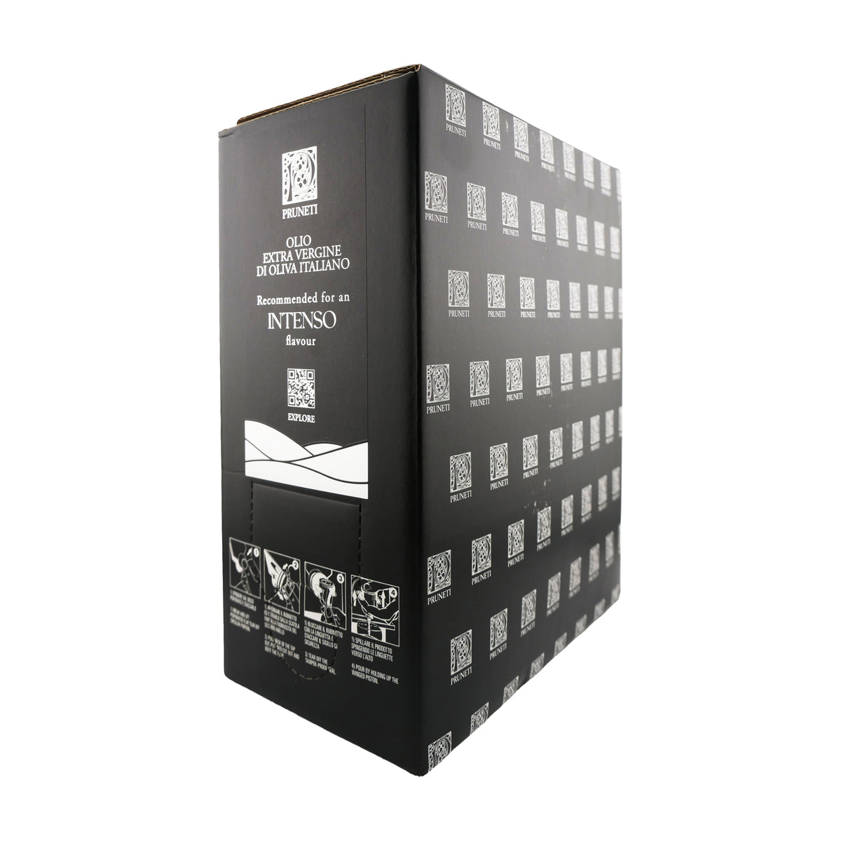 Angled view of Pruneti Intenso 3L Bag-In-Box extra virgin olive oil.