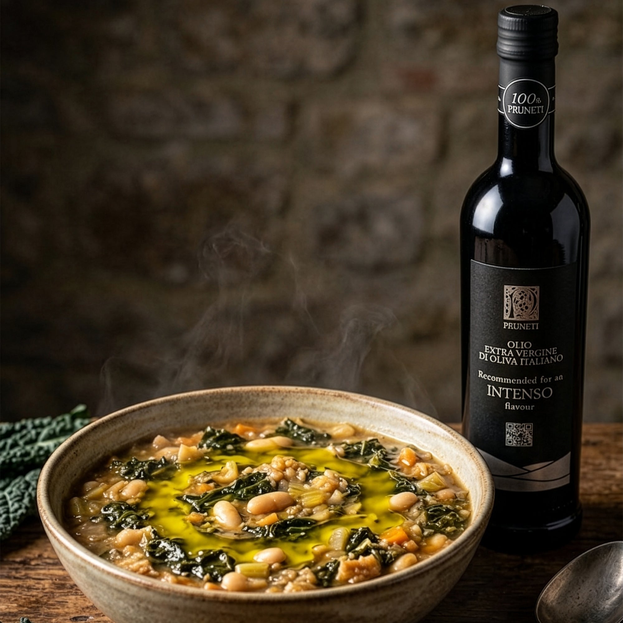 Bean and vegetable soup drizzled with Pruneti Intenso extra virgin olive oil.
