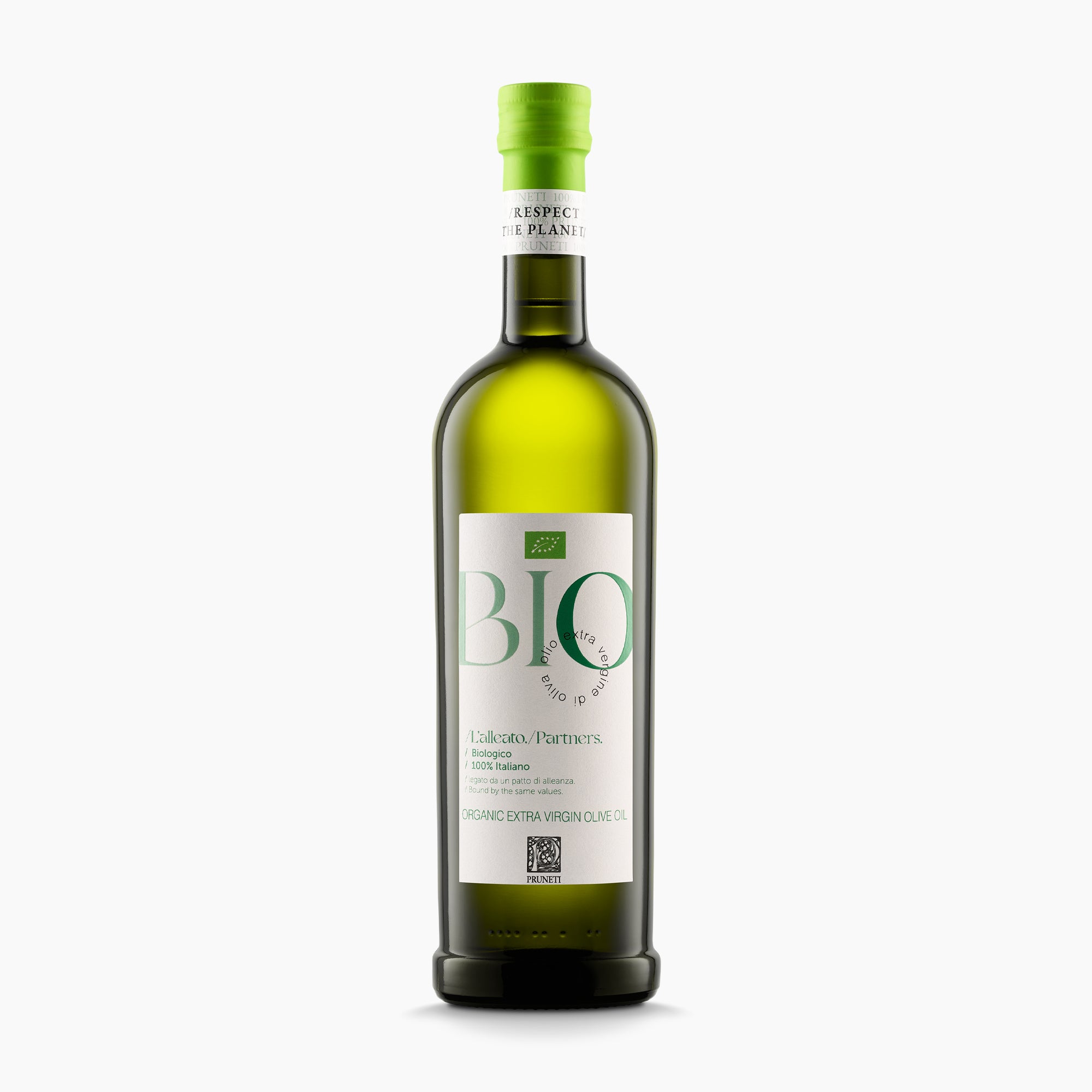 750ML bottle of Pruneti L'Alleato Organic extra virgin olive oil from Tuscany, Italy.
