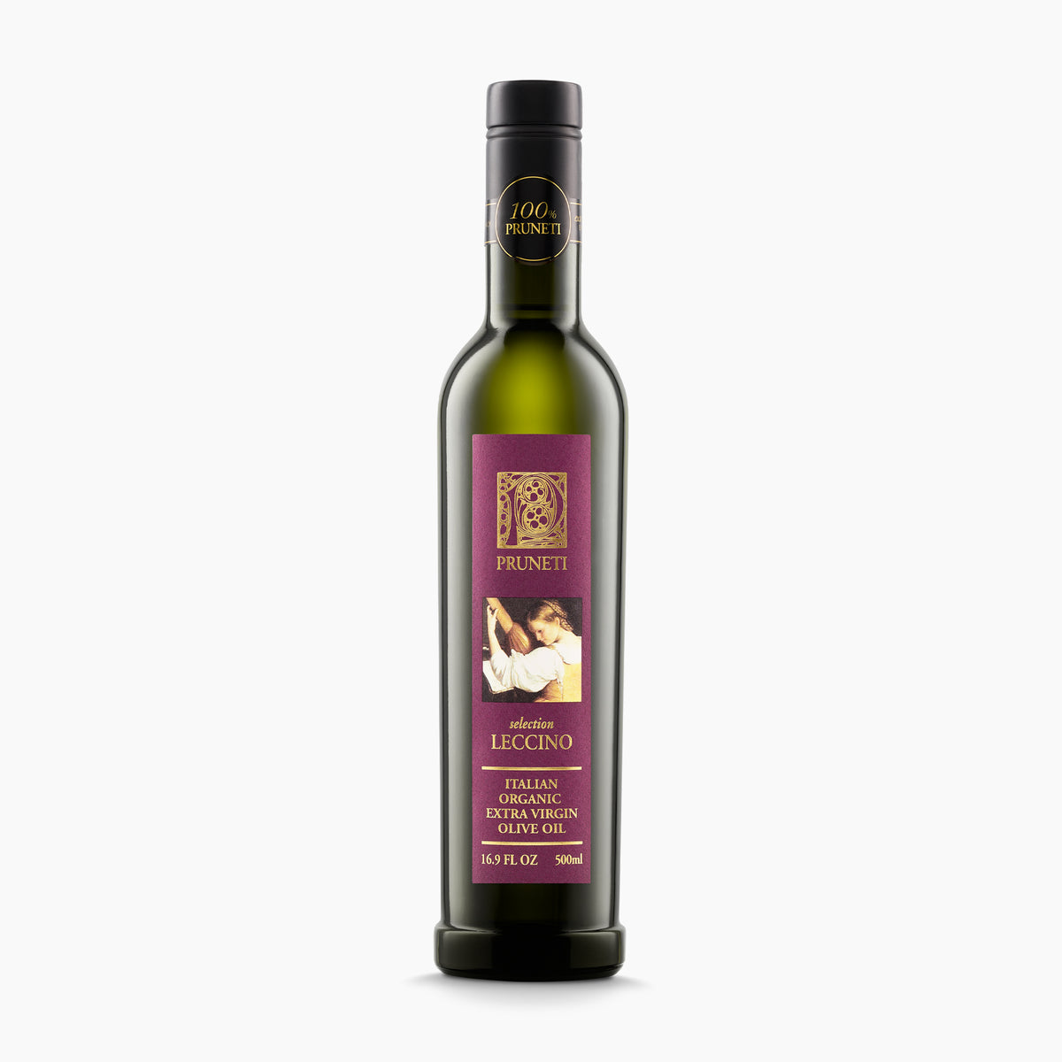 500 ml bottle of Pruneti Leccino Biologico extra virgin olive oil from Tuscany, Italy.