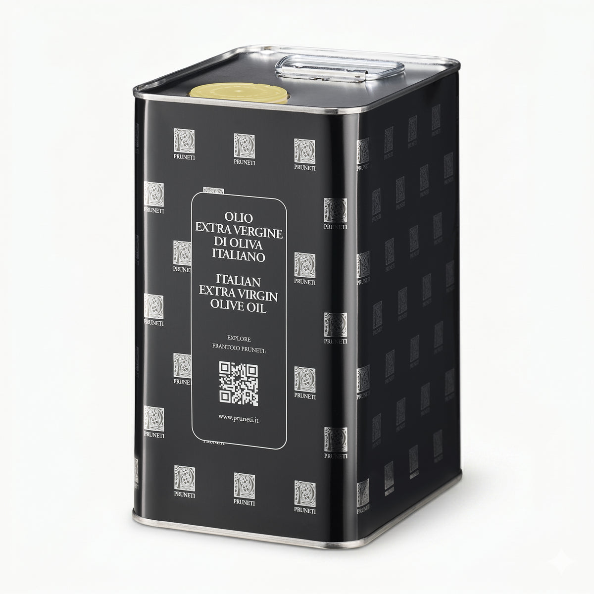 Angled view of Pruneti Organic 3L Tin extra virgin olive oil from Tuscany, Italy.